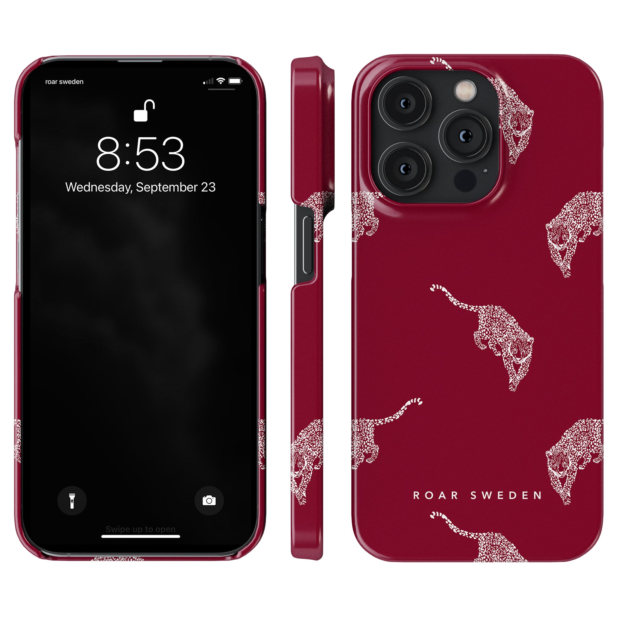 Red phone case adorned with white leopardmönster patterns, part of the elegant Kitty Burgundy - Slim case collection. Displayed on a phone showing 8:53, Wednesday, September 23. The sleek finish is enhanced by the "ROAR SWEDEN" text.