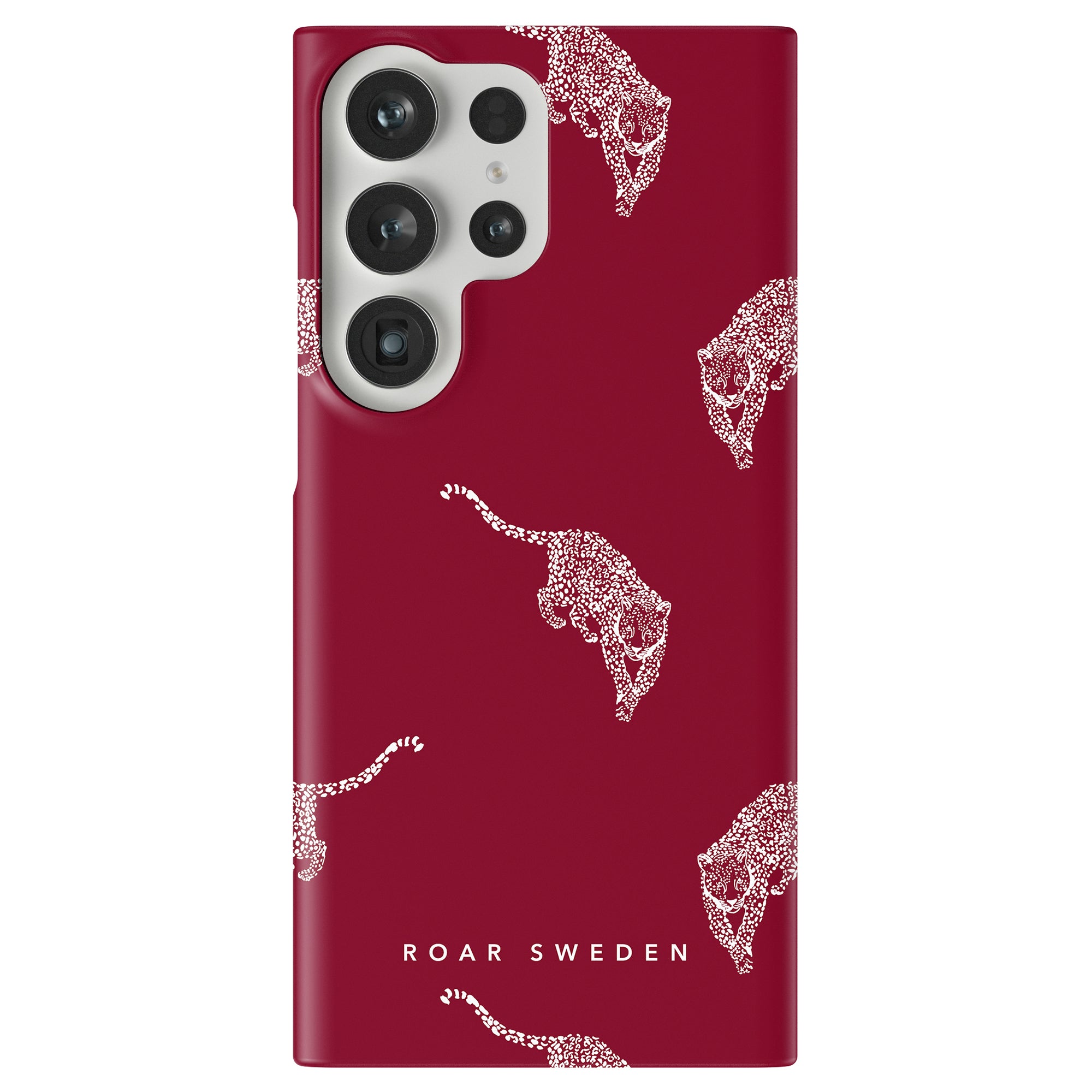 Kitty Burgundy - Slim case featuring a striking leopardmönster design and the text "Roar Sweden" elegantly printed at the bottom.