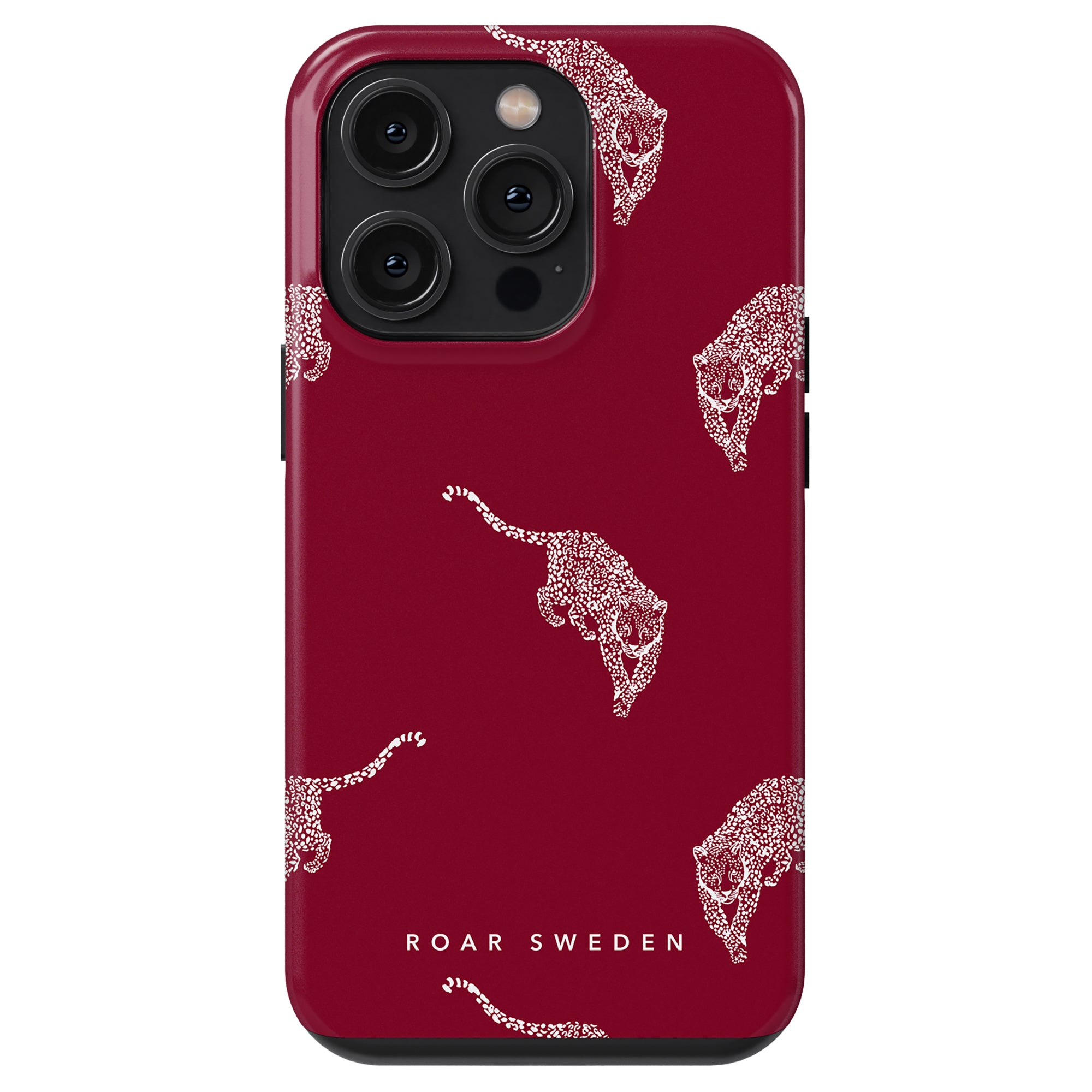 The Kitty Burgundy - Tough Case is a smartphone accessory featuring white leopard patterns and the text "ROAR SWEDEN," as part of the fashionable Leopard-kollektion.