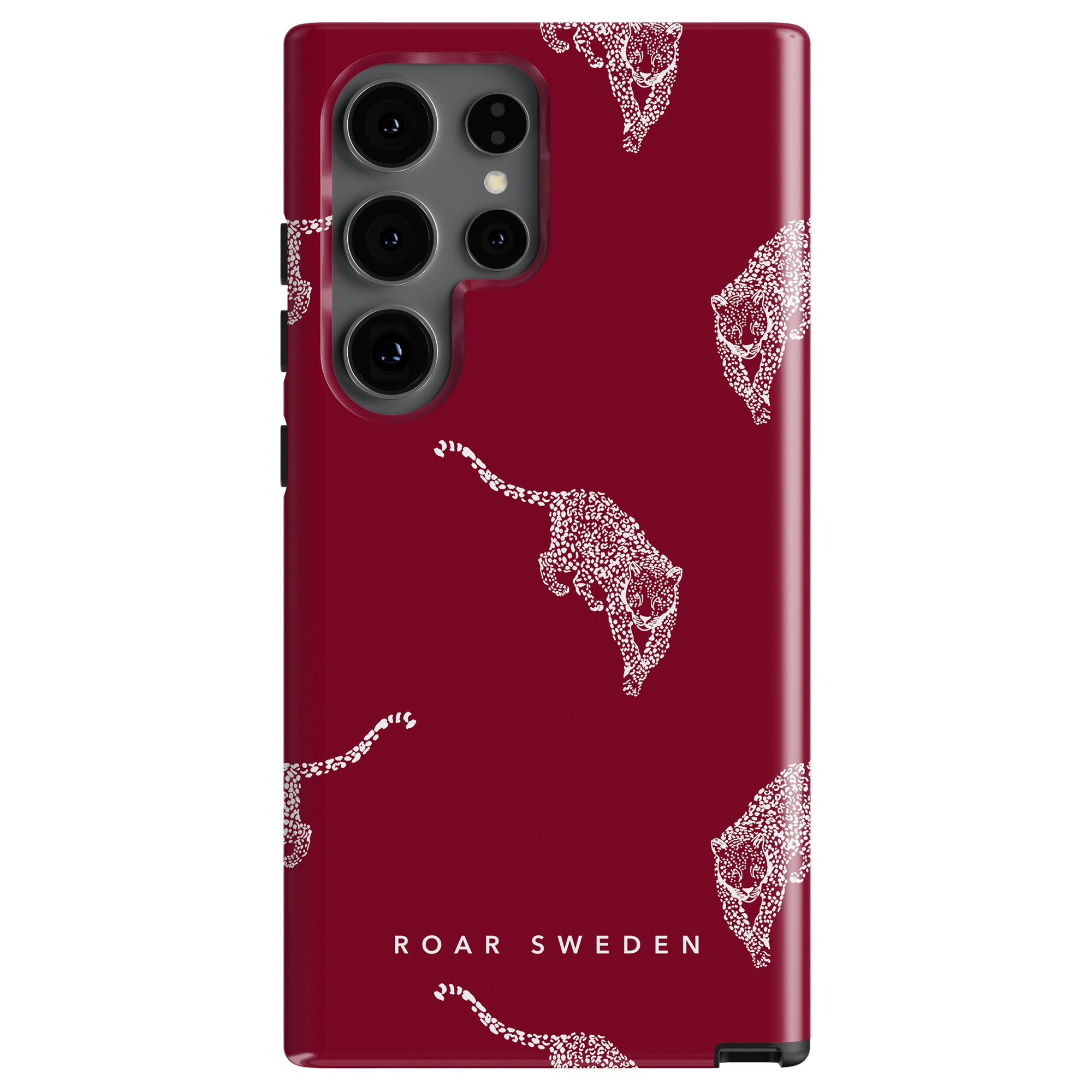 The Kitty Burgundy - Tough Case is a maroon phone case adorned with a striking leopard pattern from the Leopard-kollektion, complete with "ROAR SWEDEN" text at the bottom. This case perfectly combines style and durability, making it an ideal choice for anyone who appreciates bold designs.