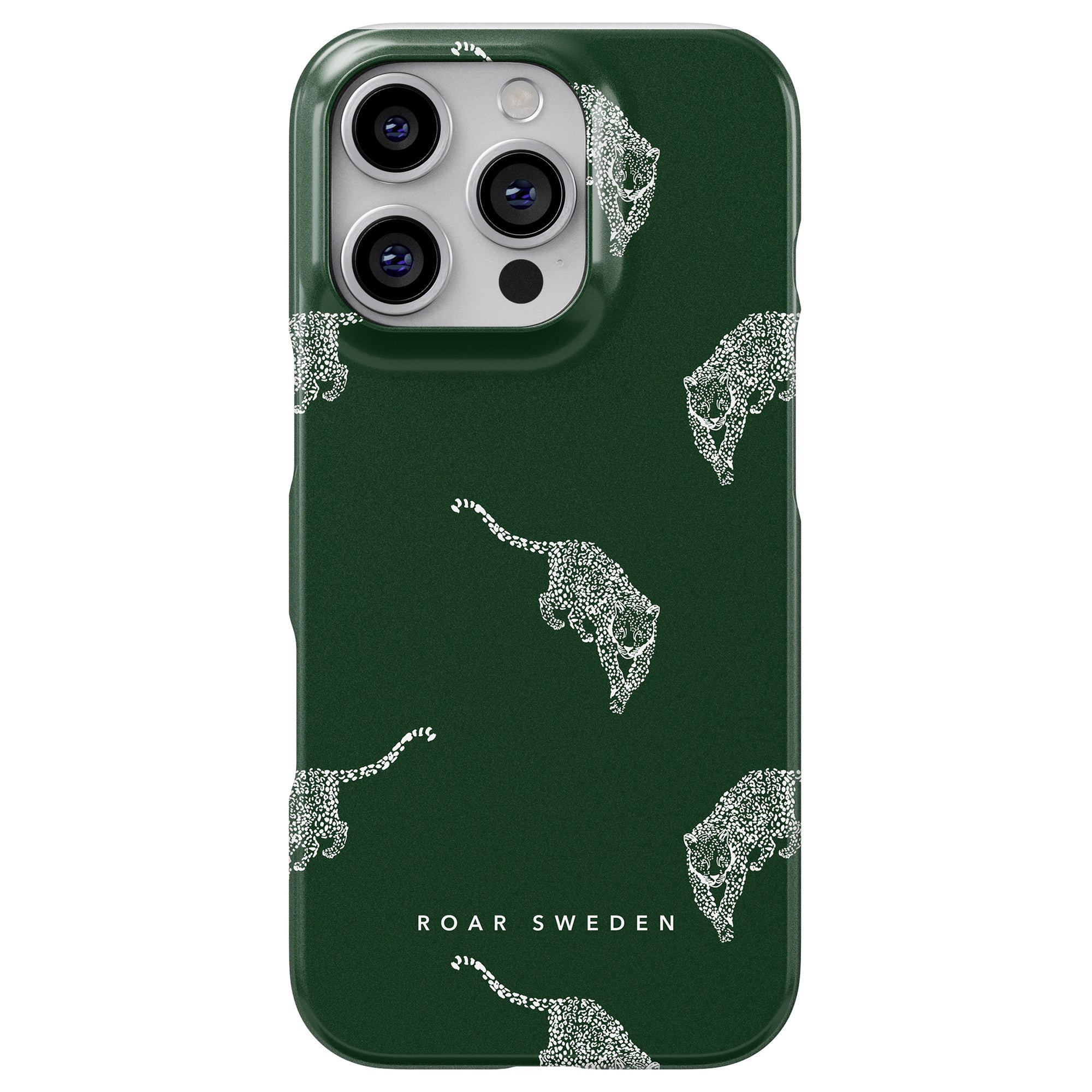 Kitty Emerald - Slim case, boasting a green smartphone cover embellished with white jaguar patterns and the text "ROAR SWEDEN" near the bottom.