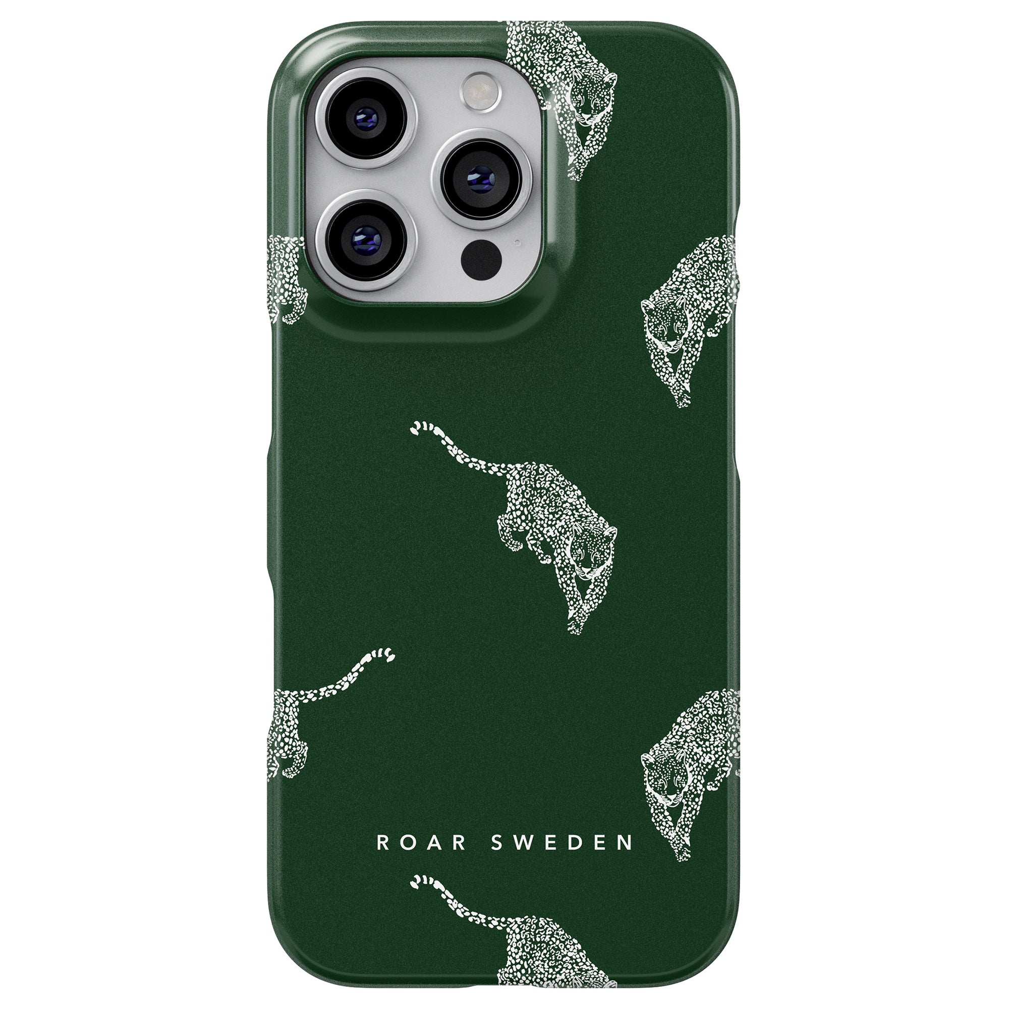 Vi presenterar Kitty Emerald - Slim fodral: ett elegant grönt telefonfodral med vita leoparddesigner och texten "Roar Sweden" längst ner, från vår exklusiva Leopard-kollektionen. Detta fodral kombinerar perfekt stil och skydd för din enhet.