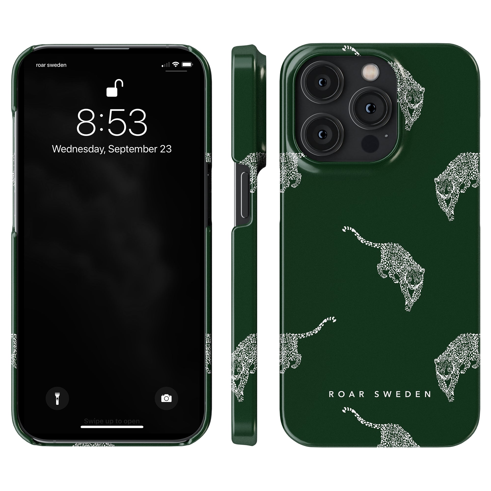 Sleek phone case in green with white leopard patterns from the Kitty Emerald - Slim case collection, shielding a smartphone that shows the time 8:53 and date Wednesday, September 23. Branding text "Roar Sweden" is displayed at the bottom.