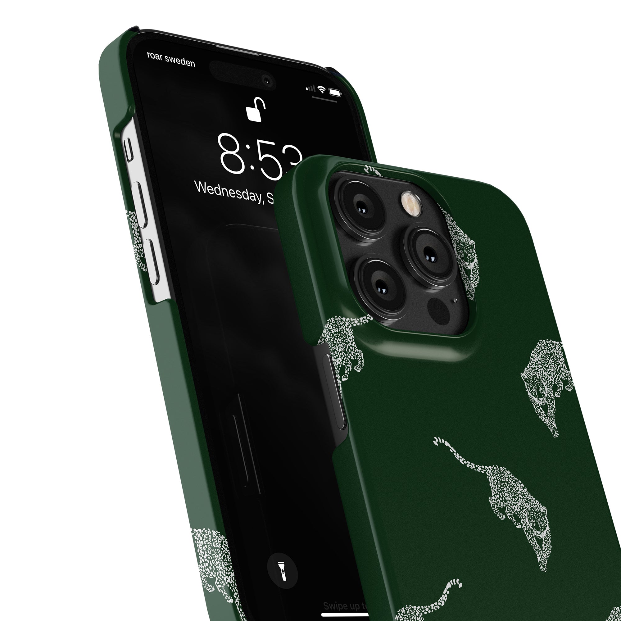 The Kitty Emerald - Slim case smartphone boasts a striking leopard pattern, showcasing a lock screen with the time 8:53 and the date, Wednesday, September 5th.