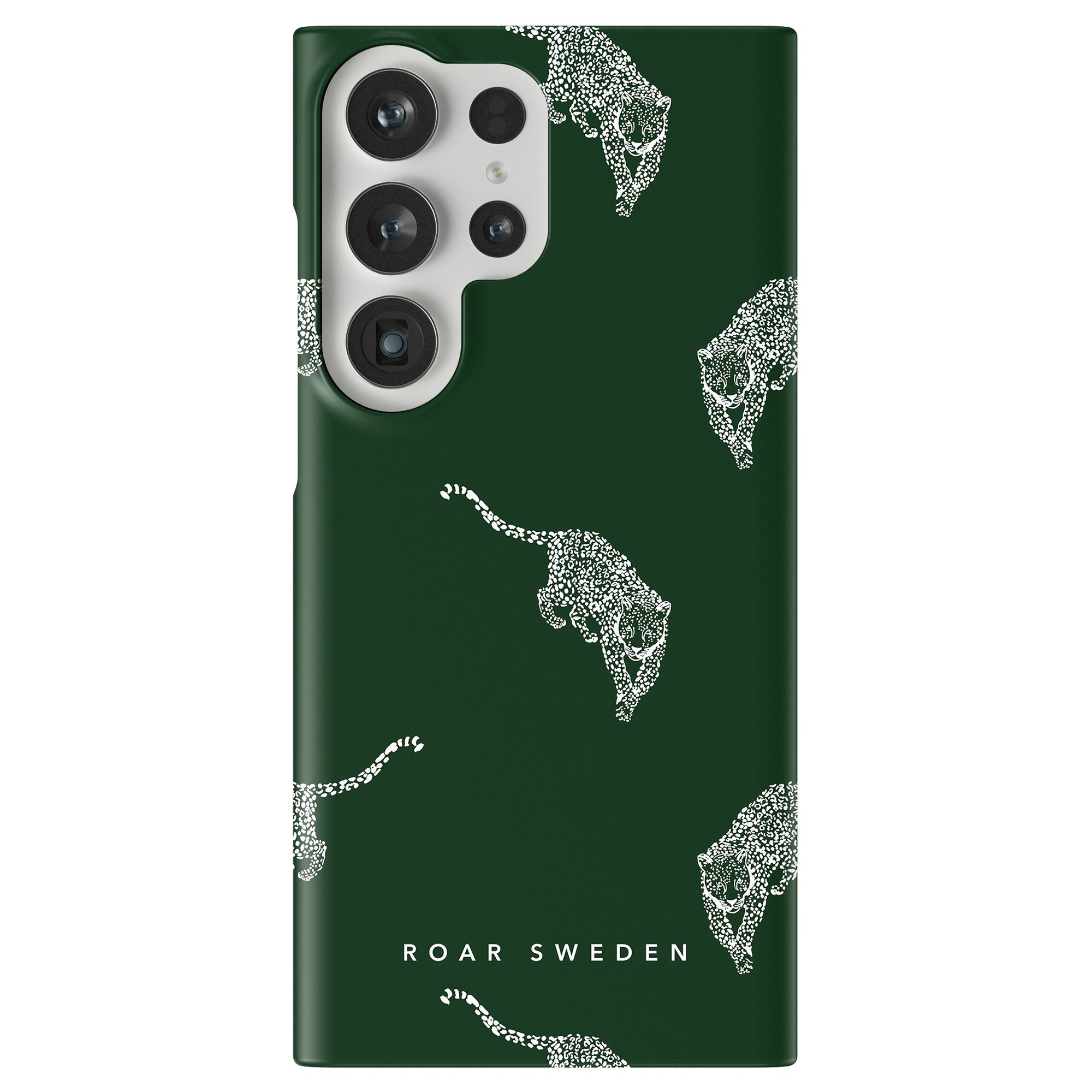 The Kitty Emerald - Slim case boasts a green backdrop adorned with striking white leopard designs, complete with "ROAR SWEDEN" elegantly printed at the bottom.