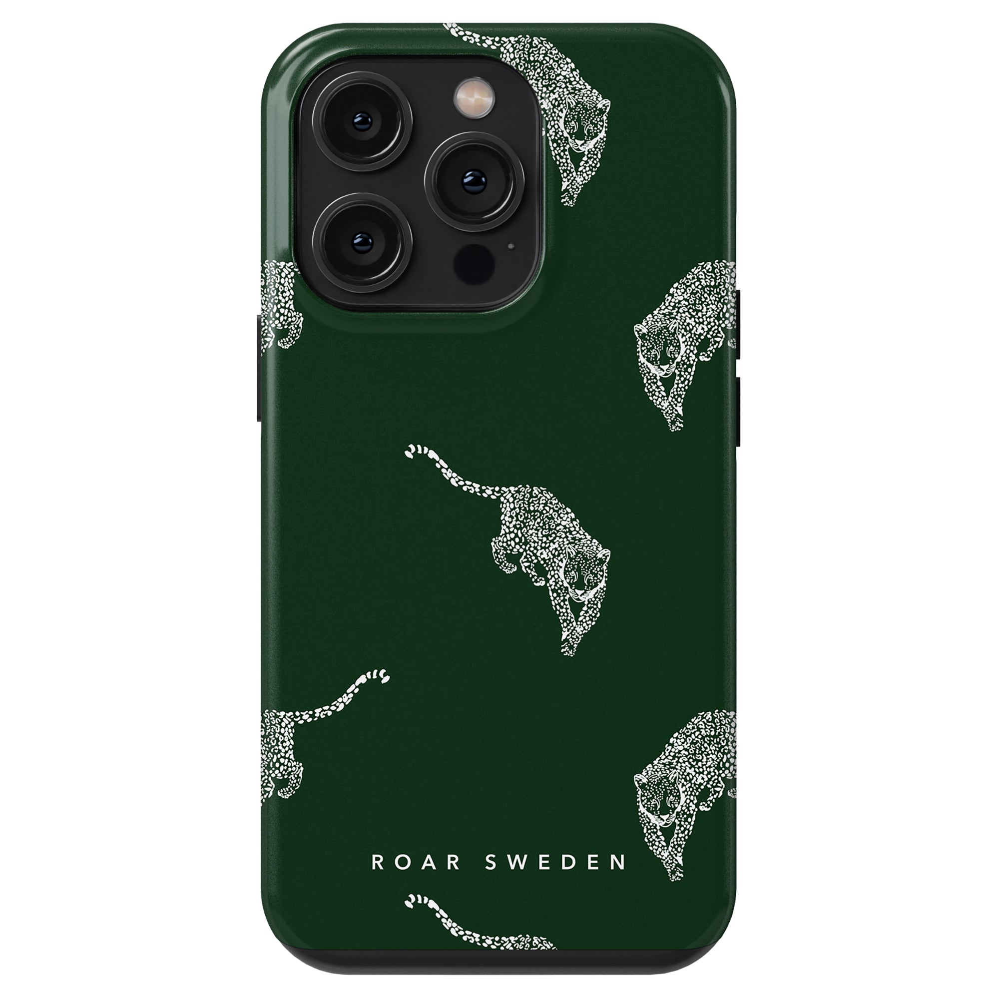 The Kitty Emerald - Tough Case from the Kitty Collection showcases a dark green design embellished with a bold leopardmönster and the text "ROAR SWEDEN" at the bottom.