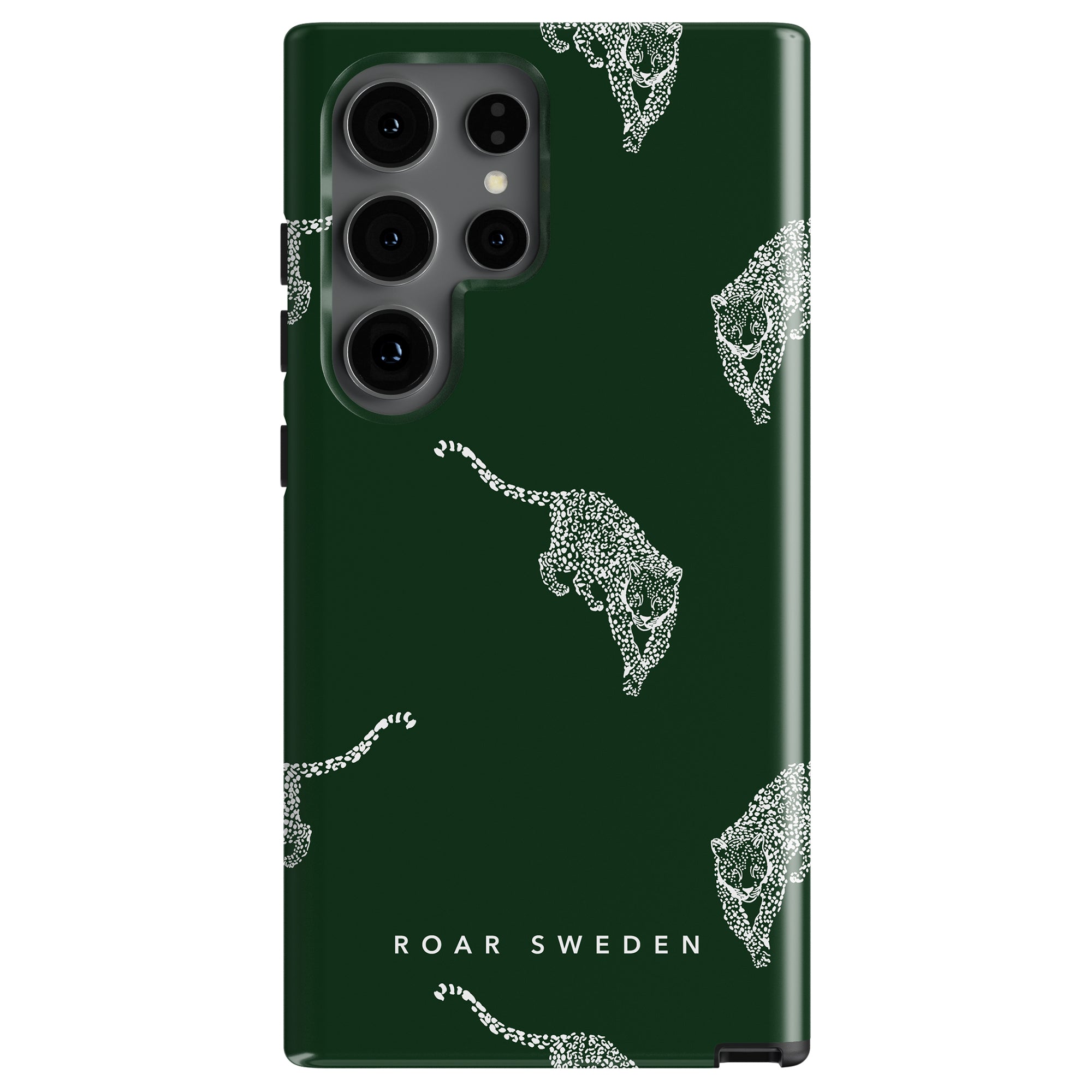 Introducing the Kitty Emerald - Tough Case, a dark green protective case featuring striking white leopardmönster patterns and prominently displaying the "ROAR SWEDEN" text at the bottom.