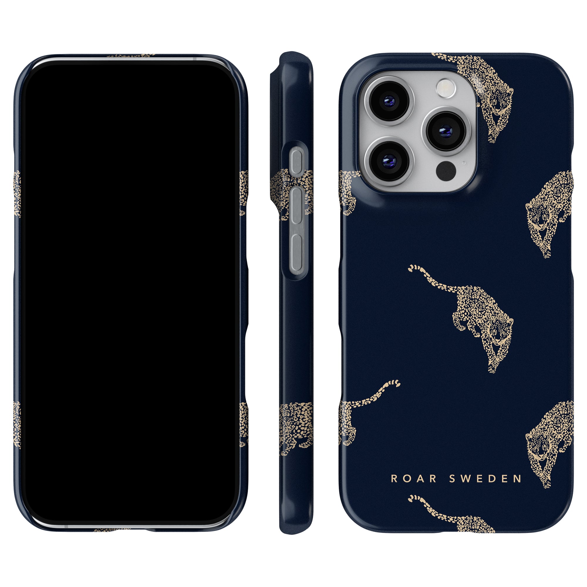 Navy blue Kitty Grand - Slim case featuring a gold leopard pattern, displayed from front, side, and back. The text on the case reads "ROAR SWEDEN." A true premium accessory for those who appreciate style and elegance.