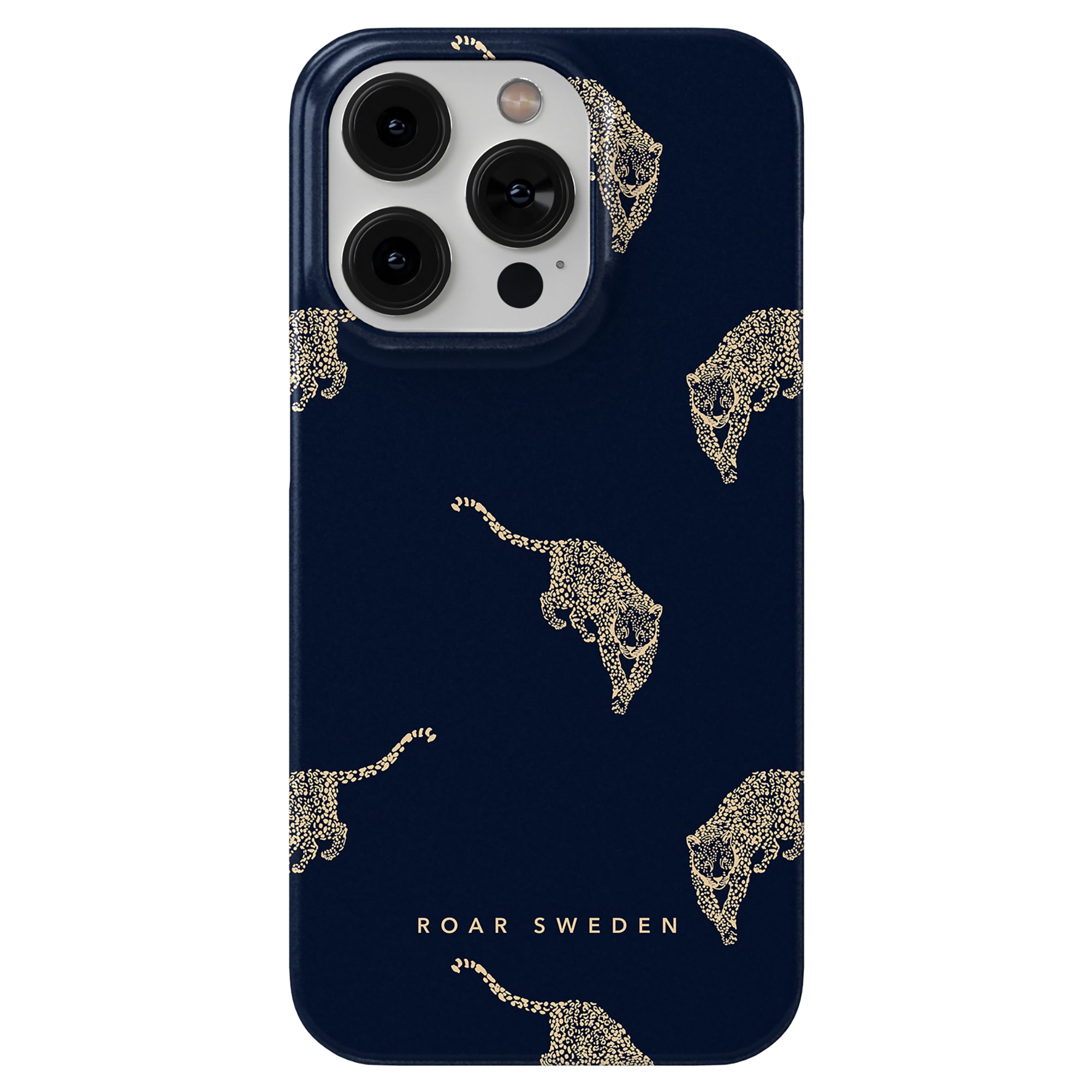 The Kitty Grand - Slim case boasts elegant gold jaguar illustrations against a navy blue backdrop, complete with the "ROAR SWEDEN" text at the base, making it a premium accessory for any style-conscious individual.