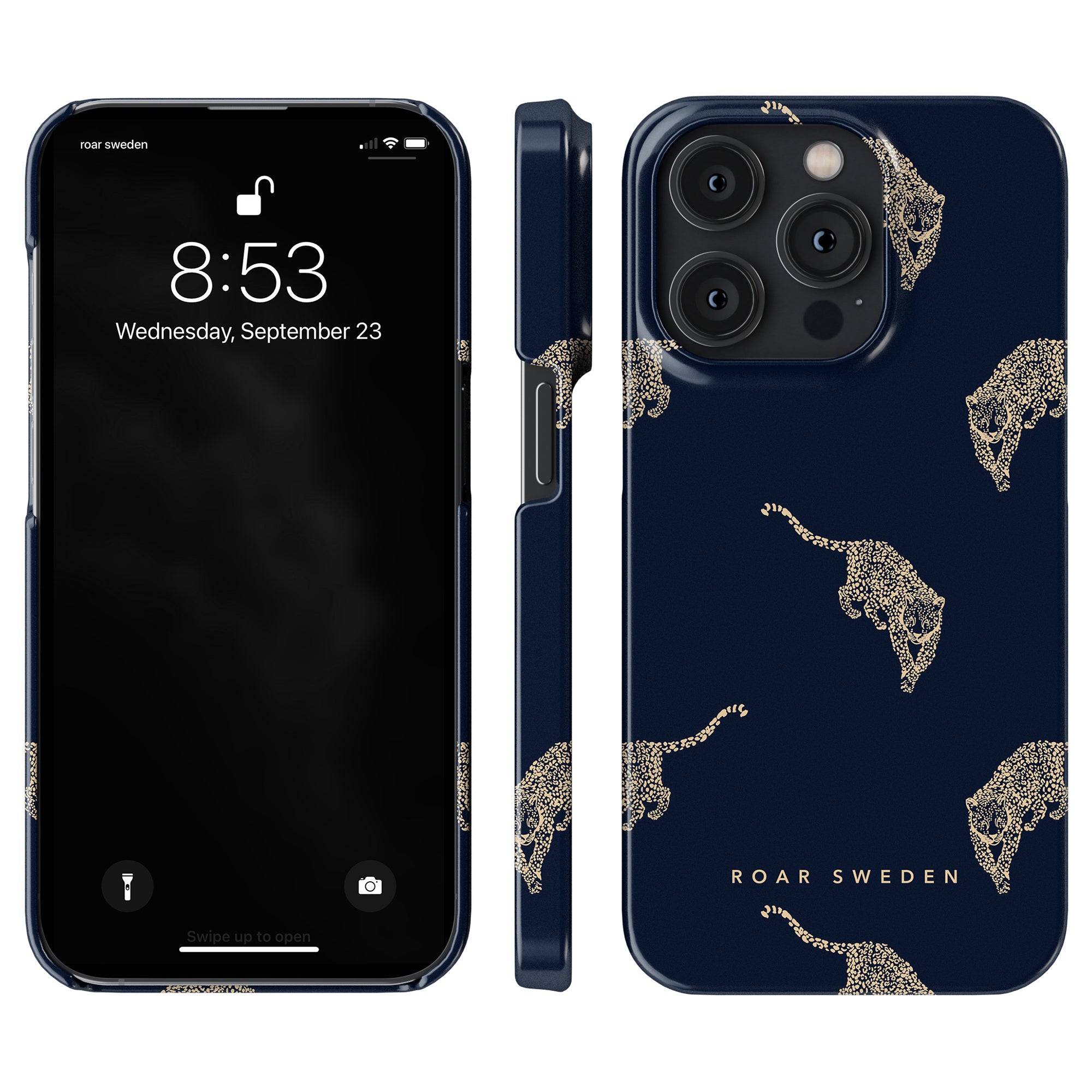 The "Kitty Grand - Slim case" in navy blue flaunts a chic leopard pattern with the bold "ROAR SWEDEN" text, captured beautifully from multiple angles. The phone's screen shows the time as 8:53 and the date as Wednesday, September 23, highlighting this premium accessory in perfect detail.