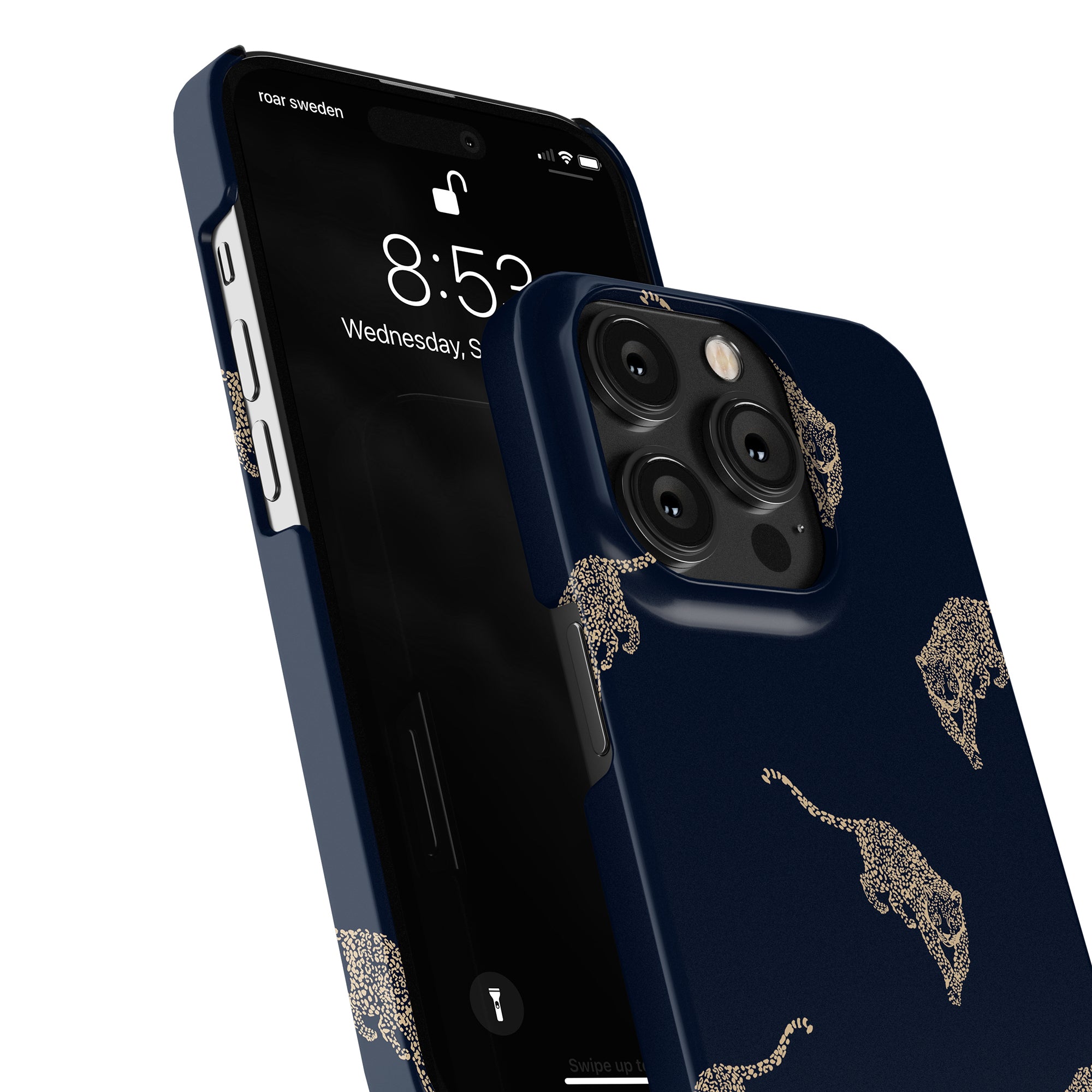 A smartphone enclosed in the Kitty Grand - Slim case with a leopard patterned blue design displays its lock screen and rear camera. This premium accessory reveals the time as 8:53 and the date, Wednesday, September 14.