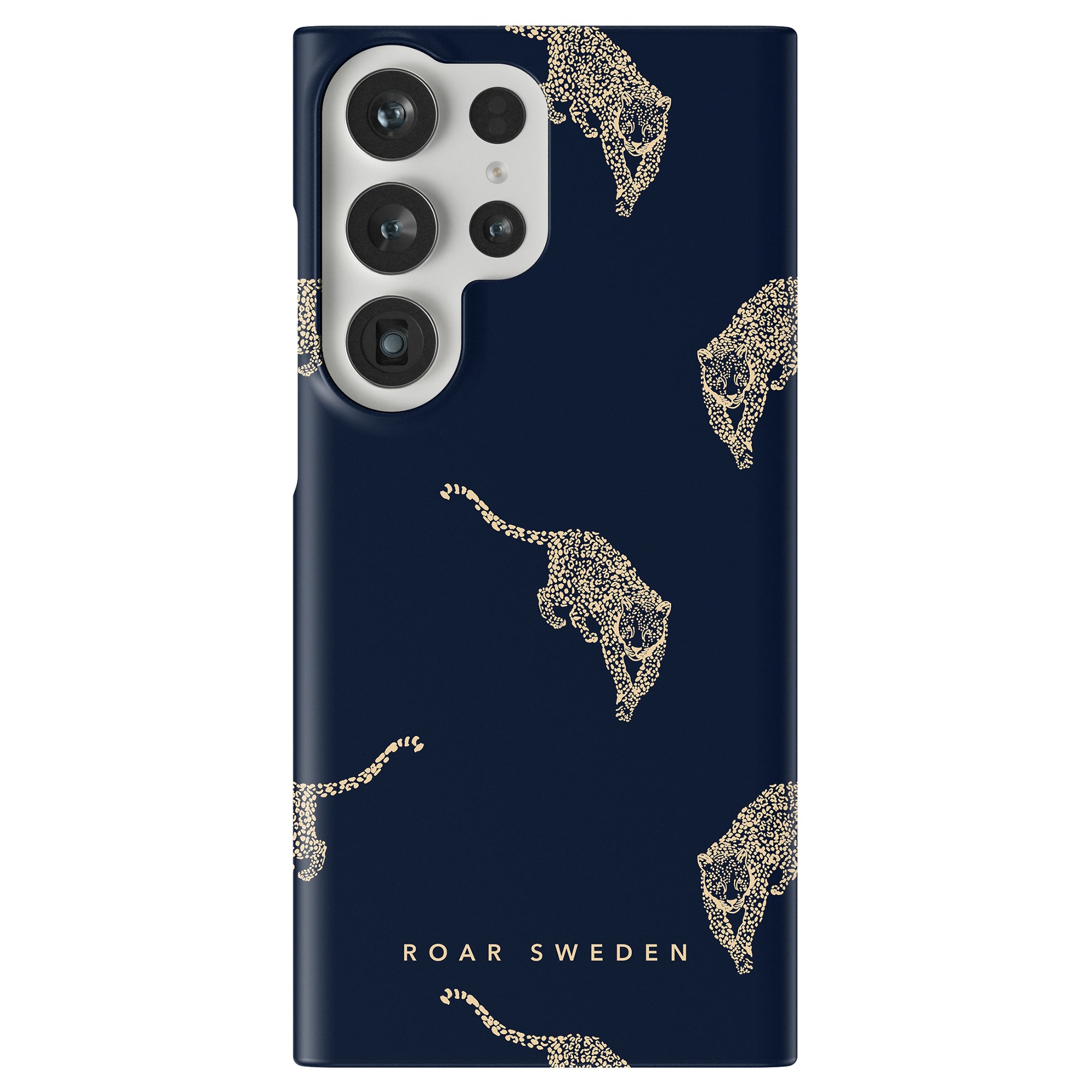 A navy blue "Kitty Grand - Slim case" adorned with a striking gold leopard pattern and the text "Roar Sweden," this premium accessory combines style with functionality.