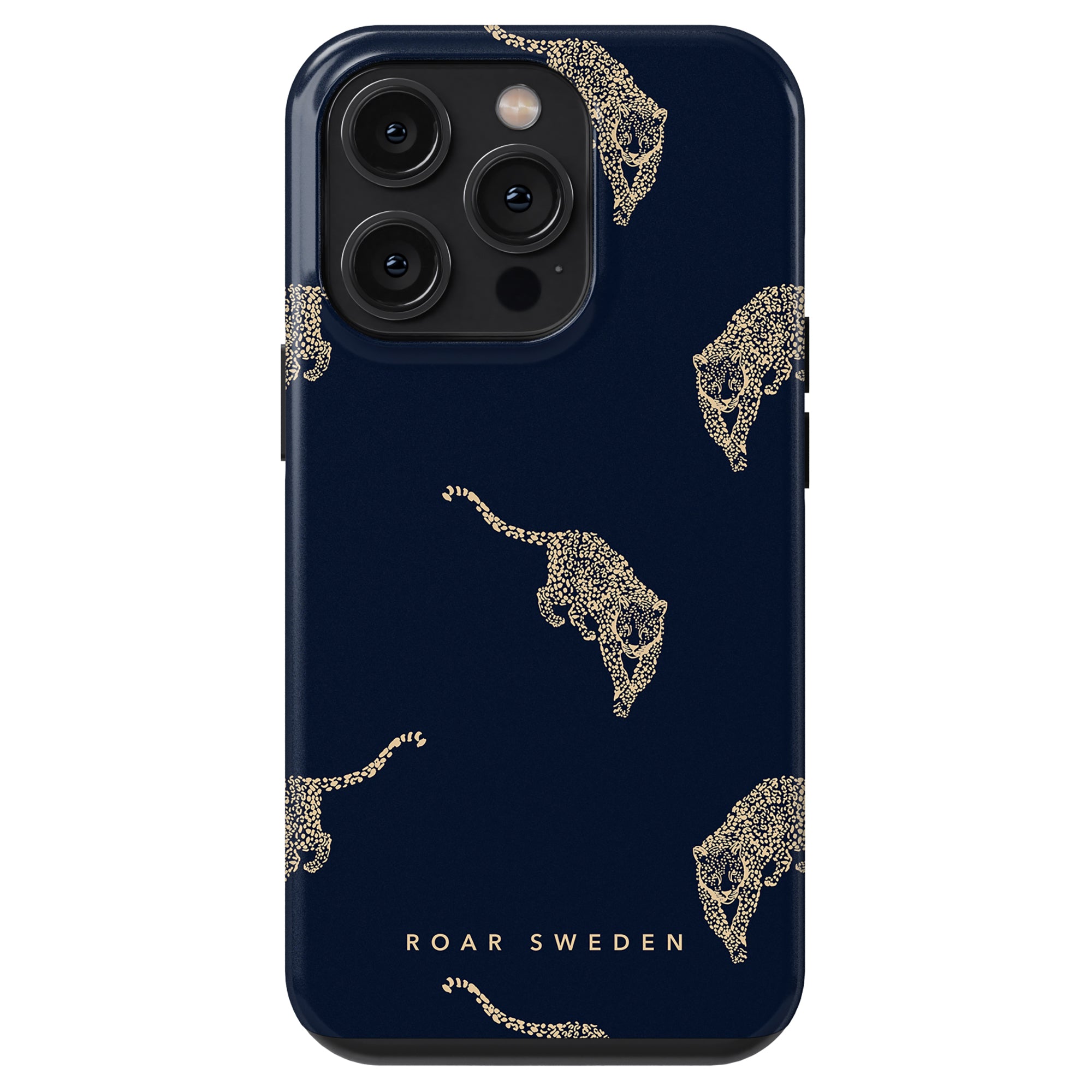 The Kitty Grand - Tough Case features a dark blue finish embellished with gold leopard designs and the signature "ROAR SWEDEN" text at the bottom, exuding bold elegance.