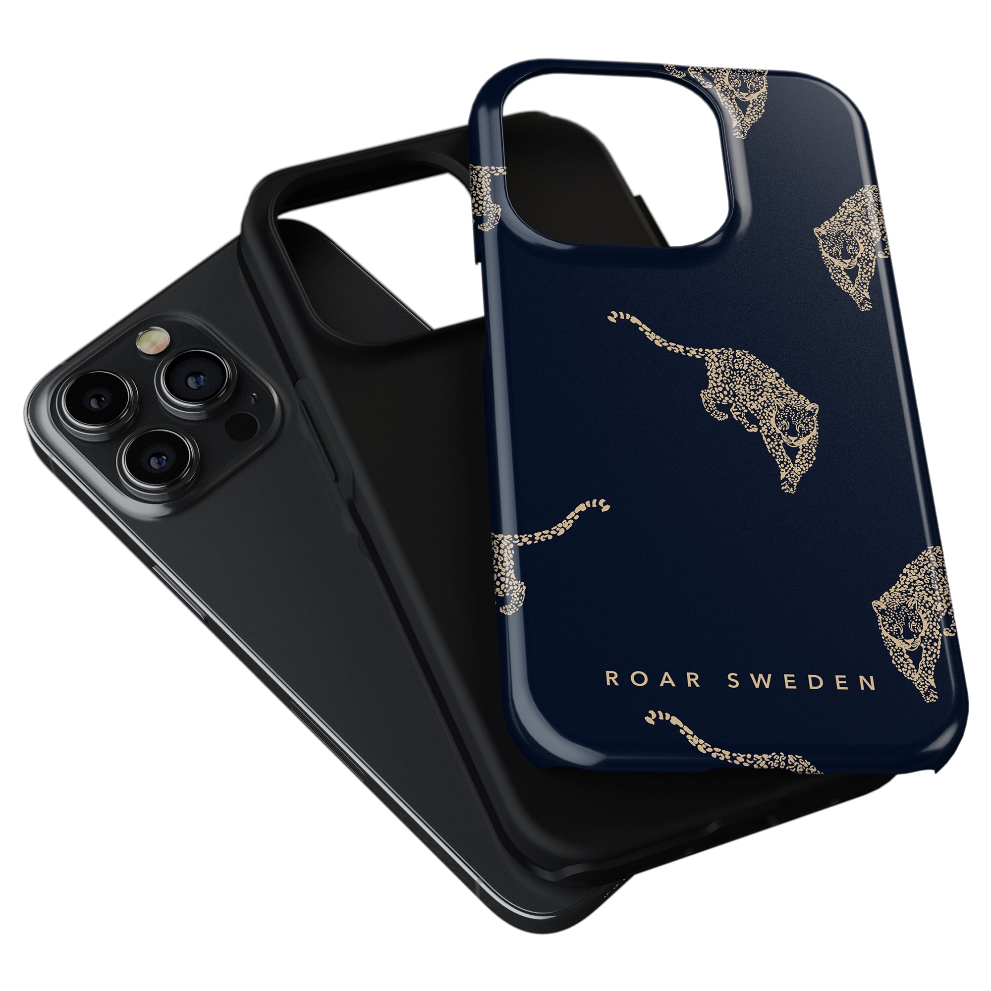 Two smartphone cases, a Kitty Grand - Tough Case in plain black and another in navy adorned with gold leopard designs featuring the "Roar Sweden" text, are displayed together.