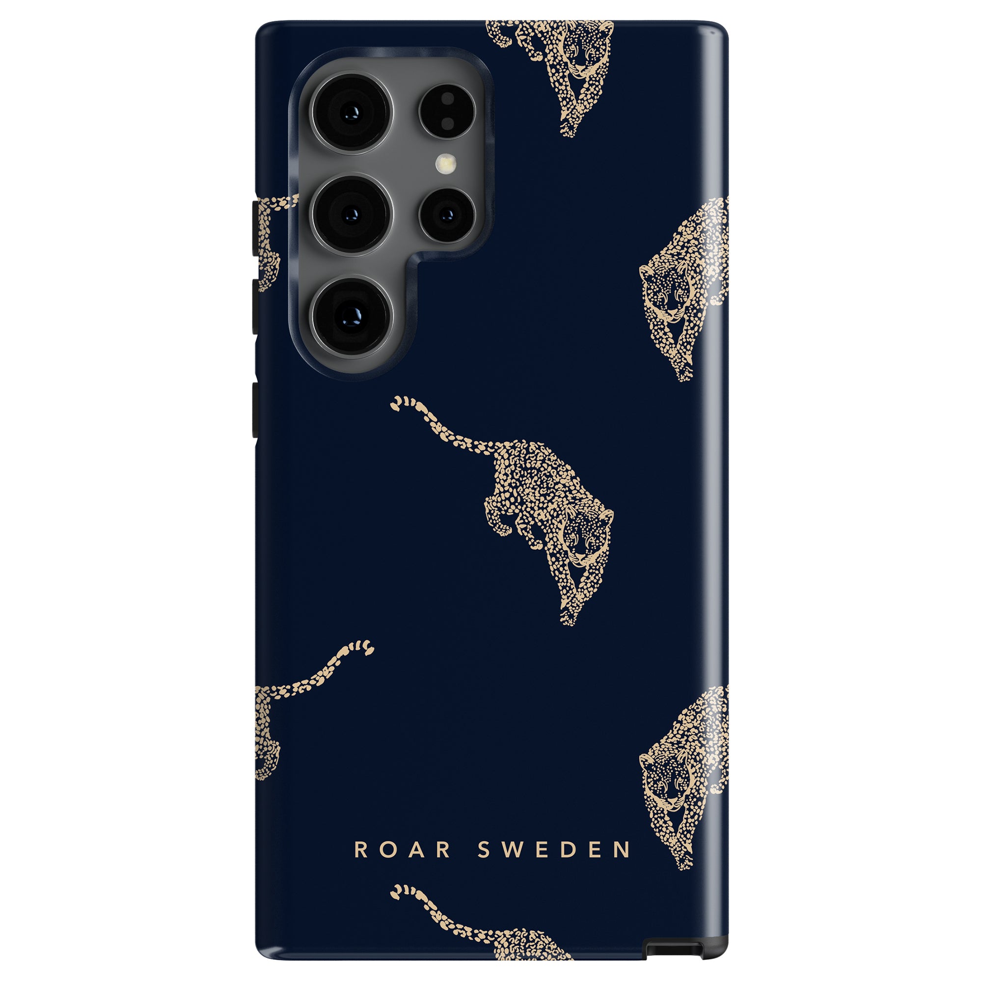 A navy tough case embellished with gold leopard silhouettes and the signature "ROAR SWEDEN" text, ideal for those who channel the bold essence of a Kitty Grand.