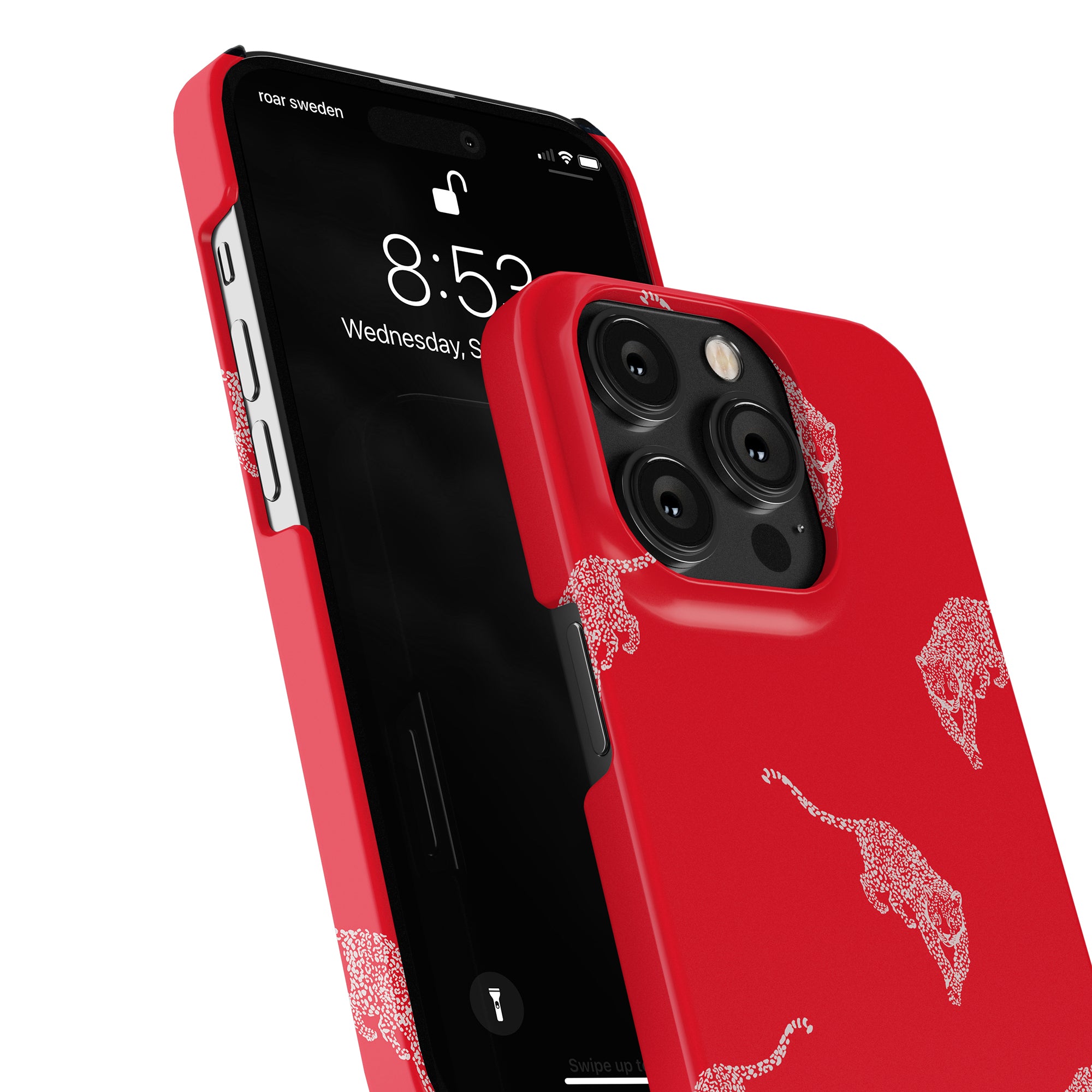 A close-up of a smartphone with the Kitty Red - Slim case featuring white leopard designs. The screen displays the time (8:53) and date (Wednesday, September 5).