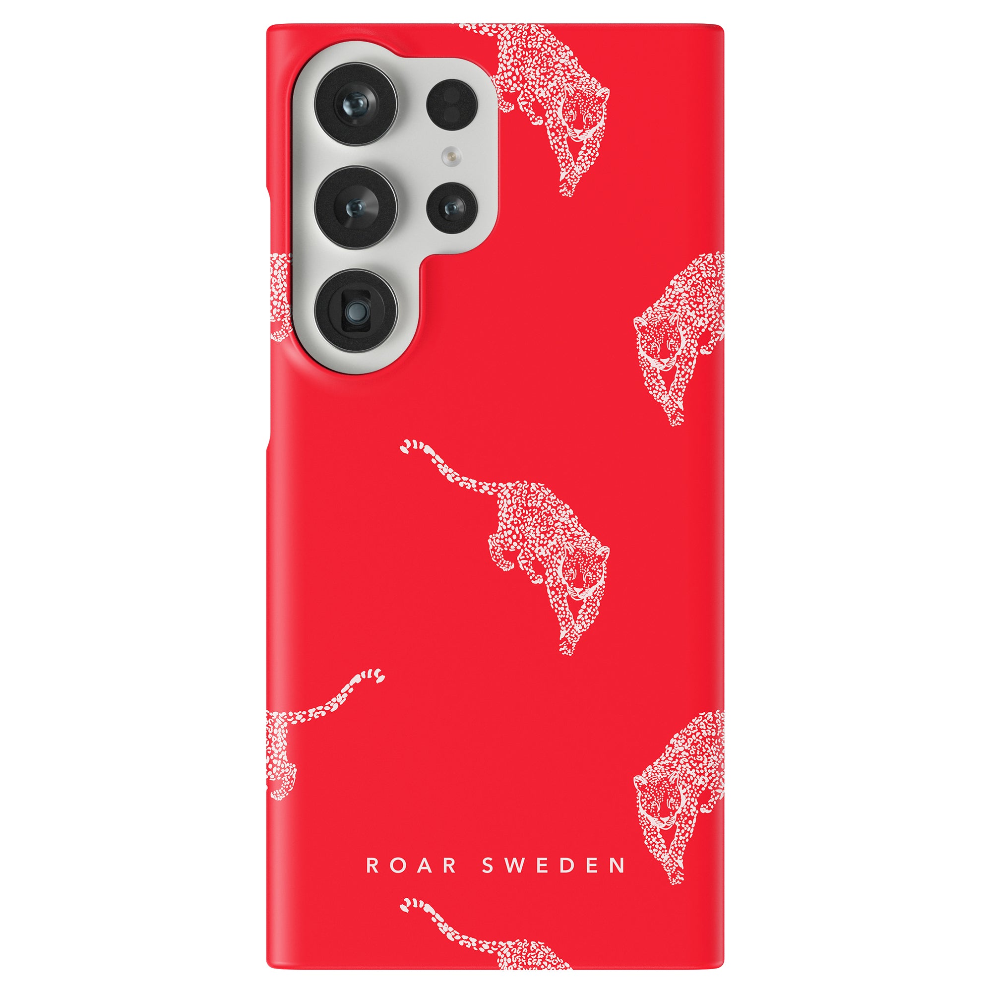 Kitty Red - Slim case with intricate white leopard design illustrations and large camera cutouts, featuring the text "ROAR SWEDEN" at the bottom for extra protection.