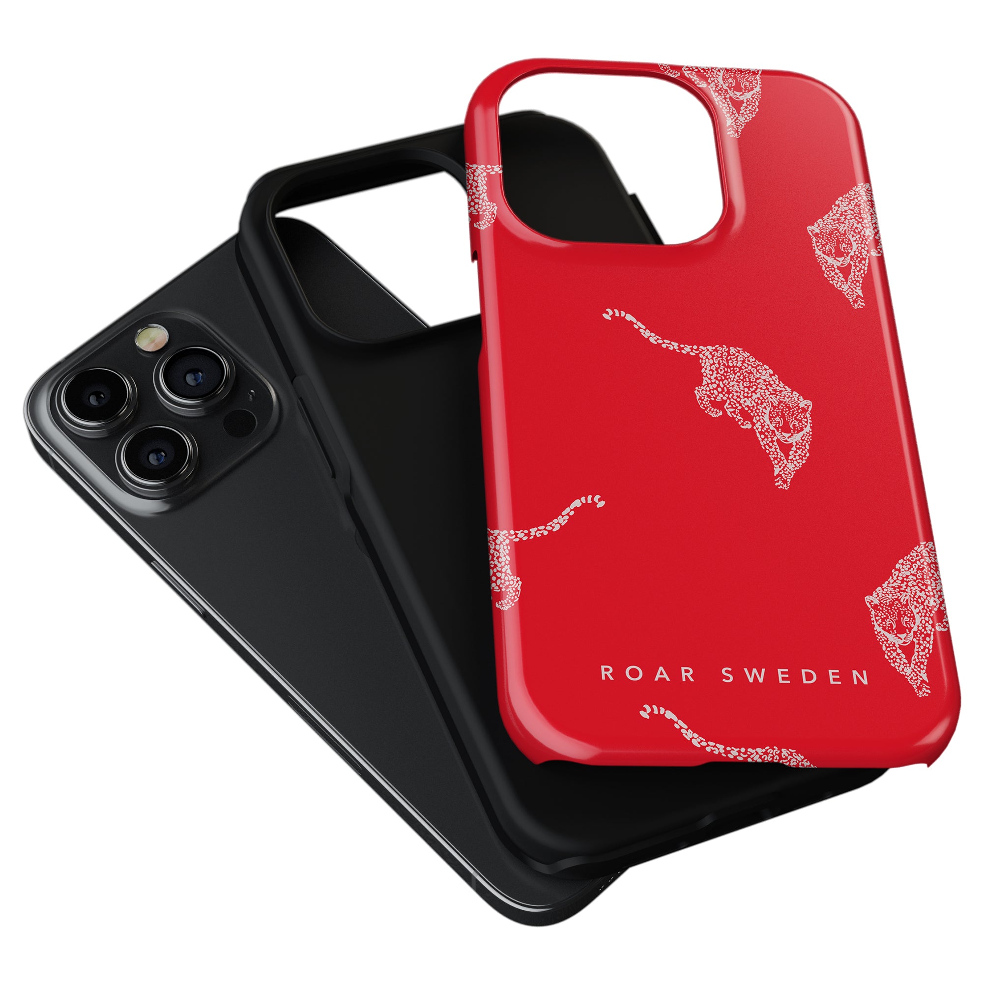 Two phone cases overlapping; the top case is red with white leopard print and the text "ROAR SWEDEN," while the bottom case, an elegant Kitty Red - Tough Case, boasts stil och skydd with its sleek, minimalist design.