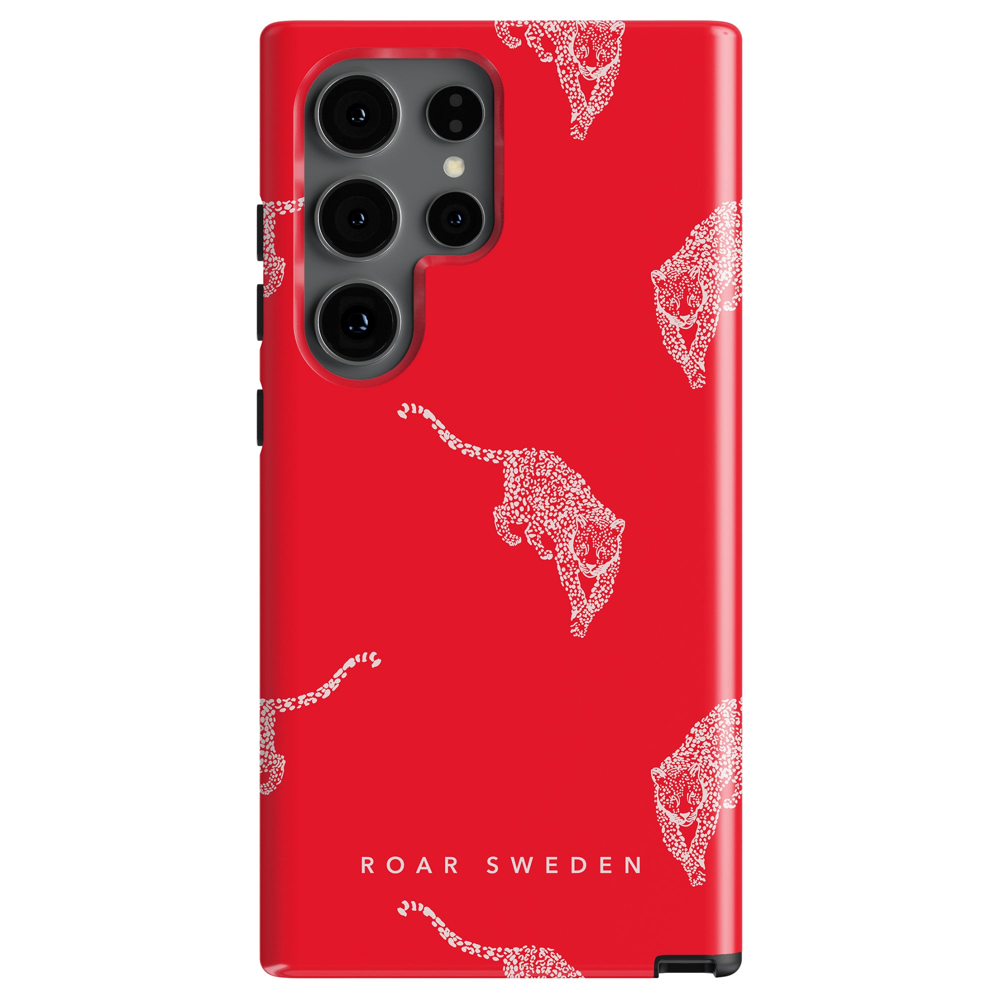 Introducing the Kitty Red Tough Case, a sophisticated red phone case adorned with stylish white leopard illustrations and the text "ROAR SWEDEN" at the bottom. This elegant accessory is crafted to fit phone models with multiple rear cameras, ensuring both style and protection (stil och skydd).