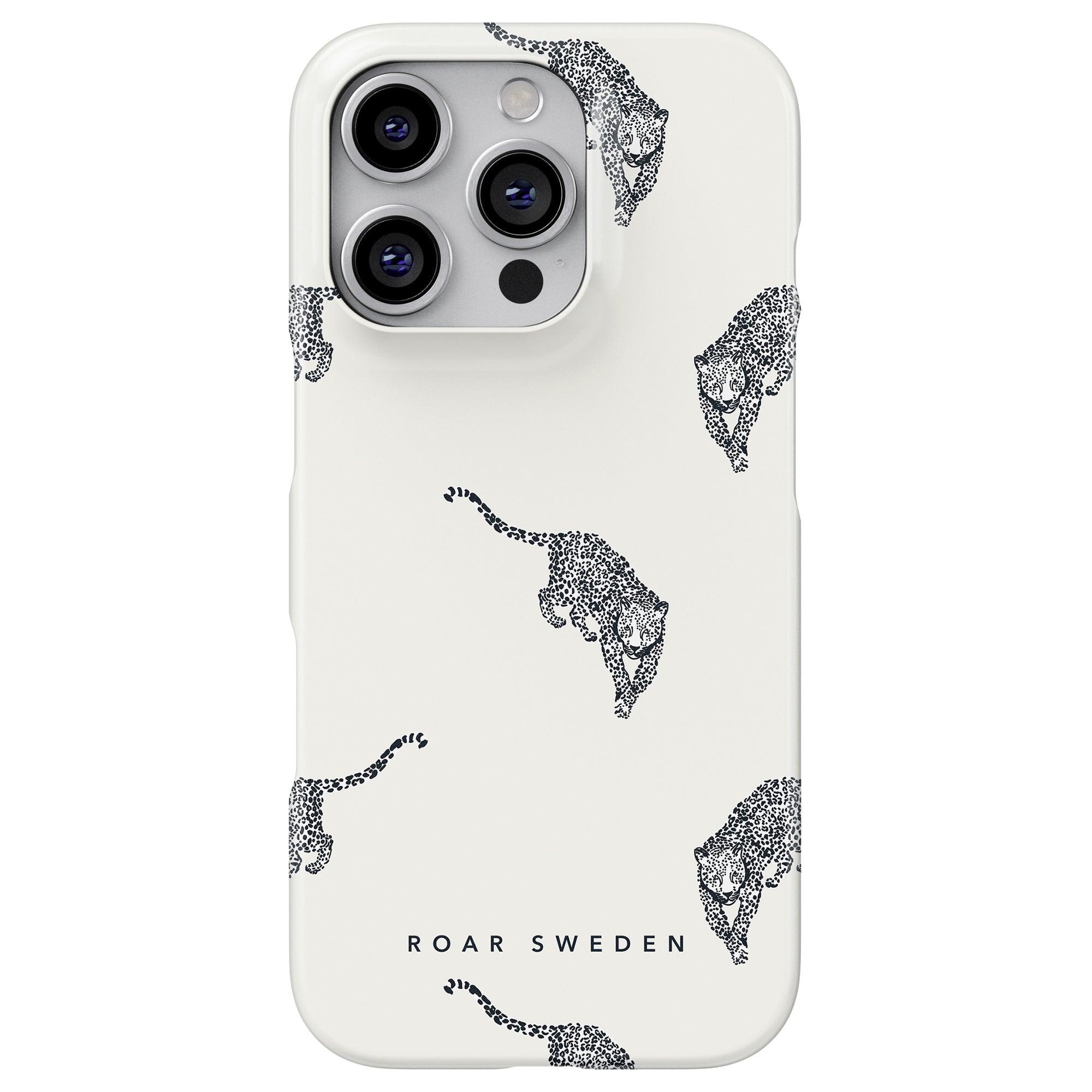 The Kitty Deluxe - Slim case features a black sketch-style leopard design with the text "Roar Sweden" on a white background, merging hållbarhet and style seamlessly. Ideal for those who love bold designs, this accessory lets you embrace the spirit of Kitty Deluxe every time you pick up your phone.