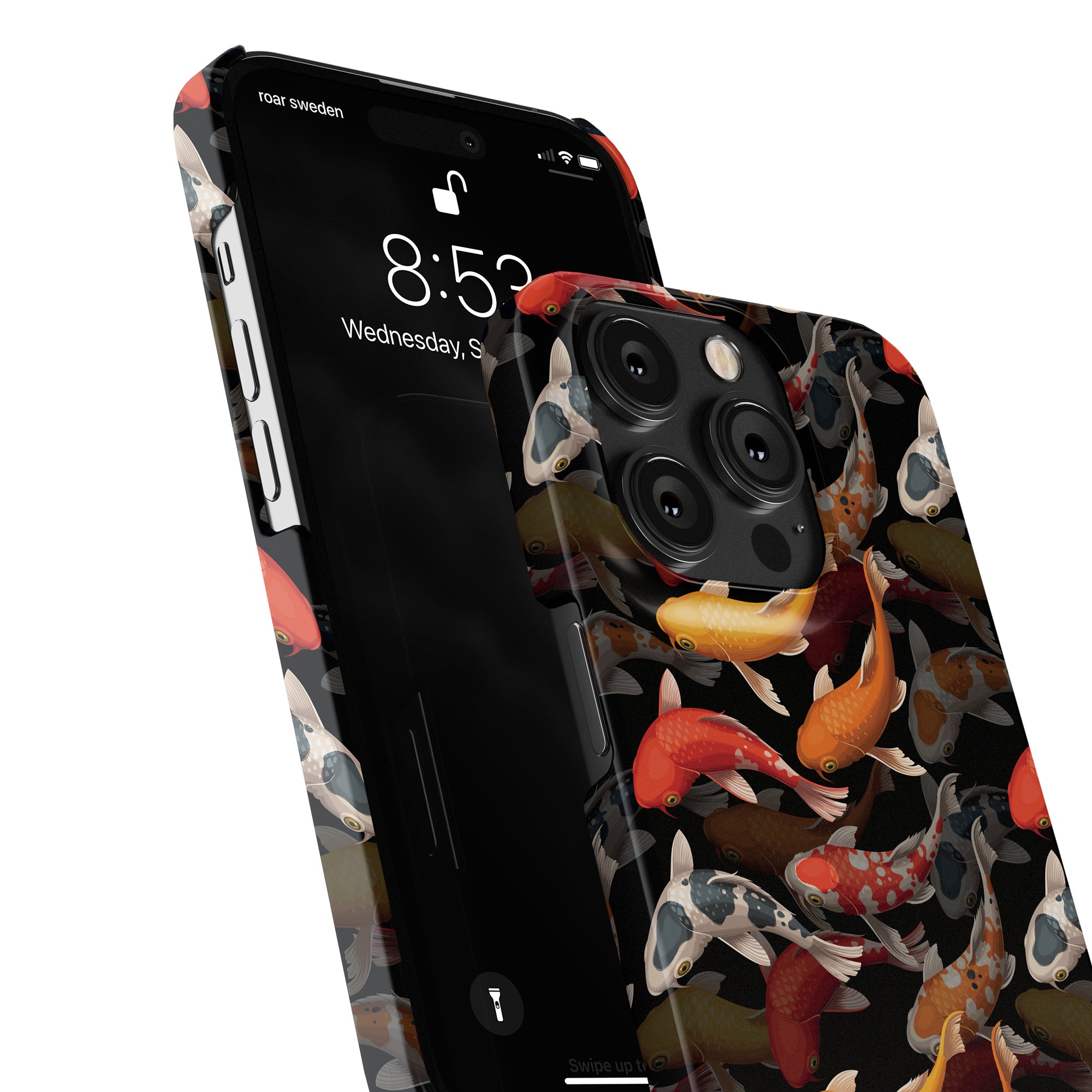 A smartphone with the elegant Koi Pond - Slim case from the Fish Collection features a koi fish-themed design, displaying a lock screen that shows the time 8:53 and the date Wednesday, September 9.