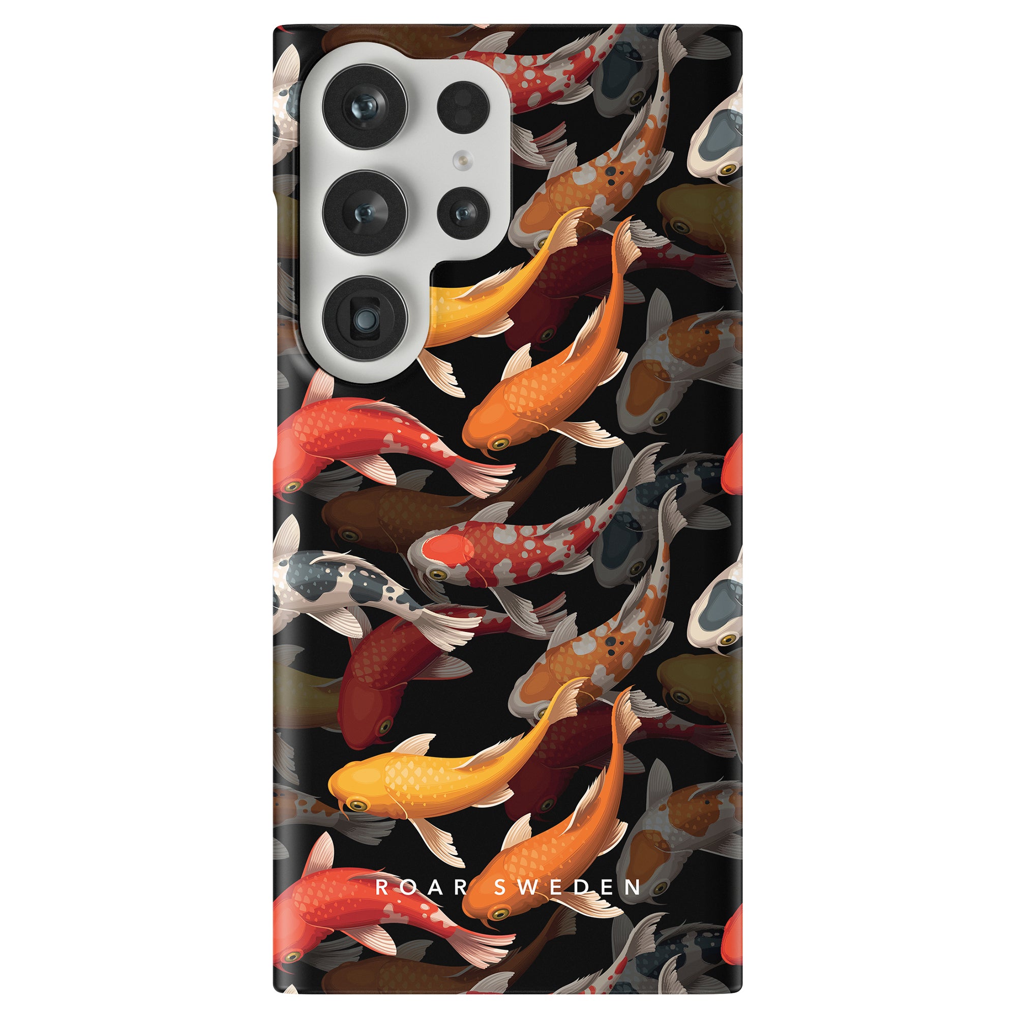 Phone case named "Koi Pond - Slim case" featuring a colorful koi fish design and a "ROAR SWEDEN" logo at the bottom, from the elegant Fish Collection.