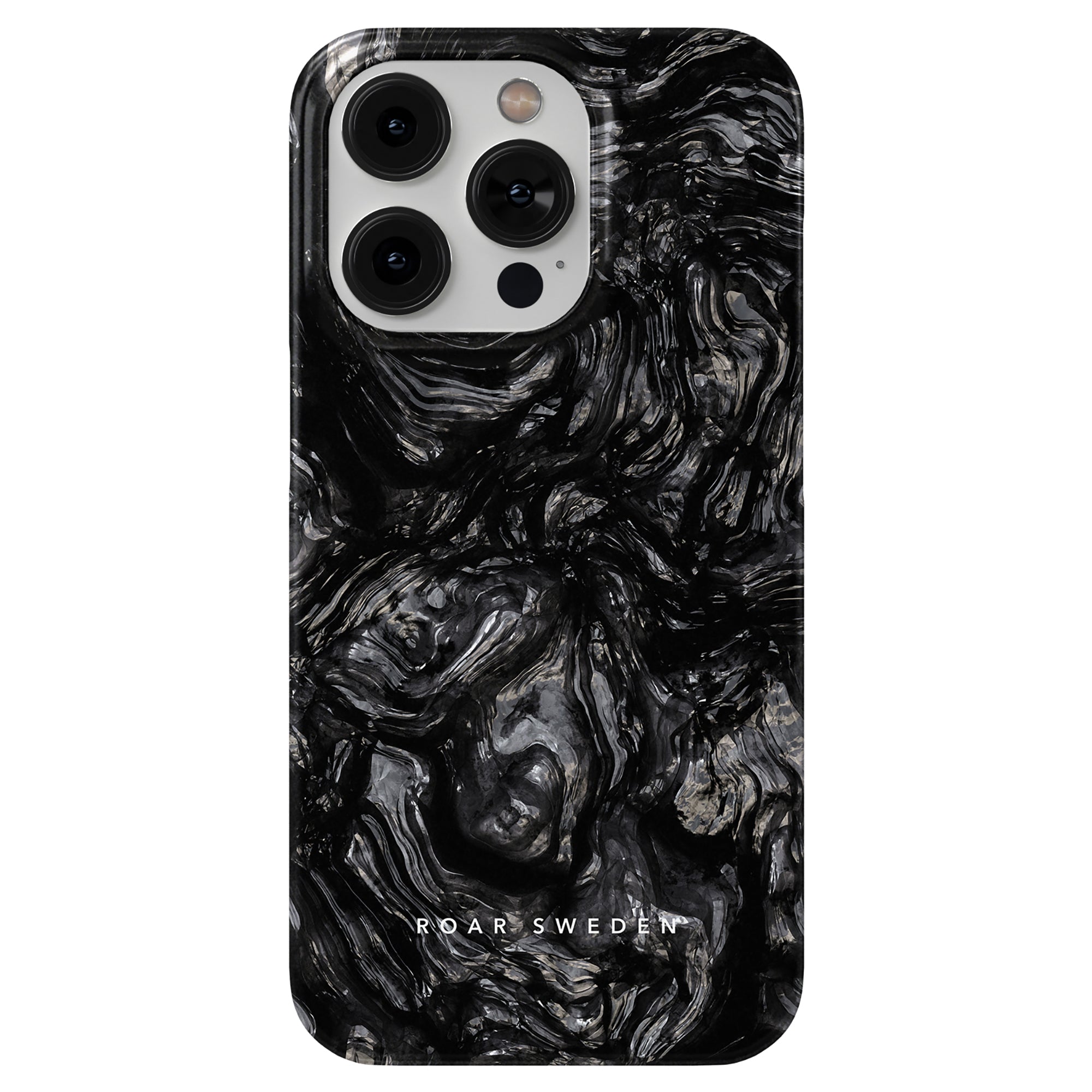Ett svart telefonfodral med ett svart marmormönster, som ger hållbart skydd och har en elegant Lava Stone - Slim Case-design.