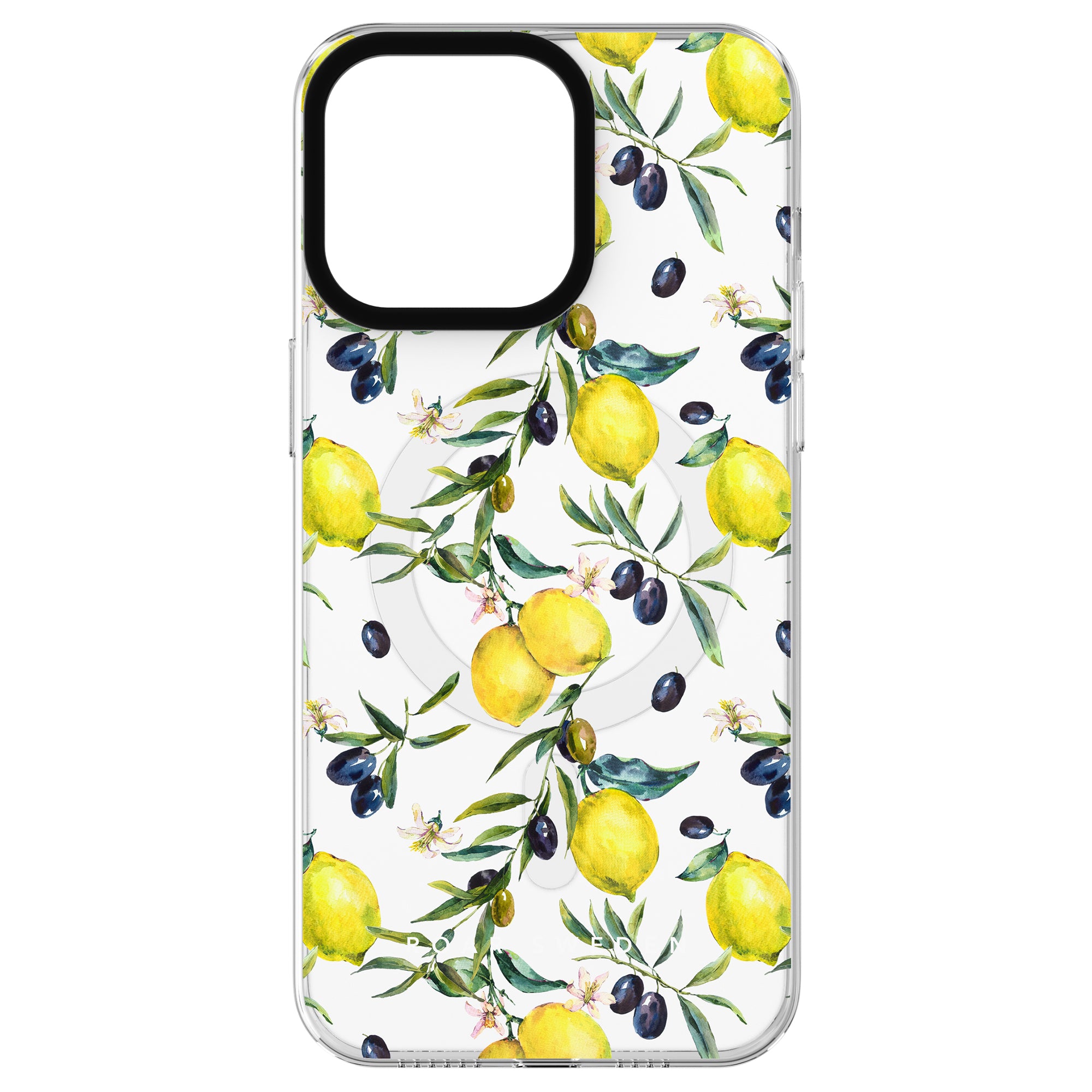 A phone case from the Lemon Garden - MagSafe featuring a design of lemons, olives, and green leaves on a white background.