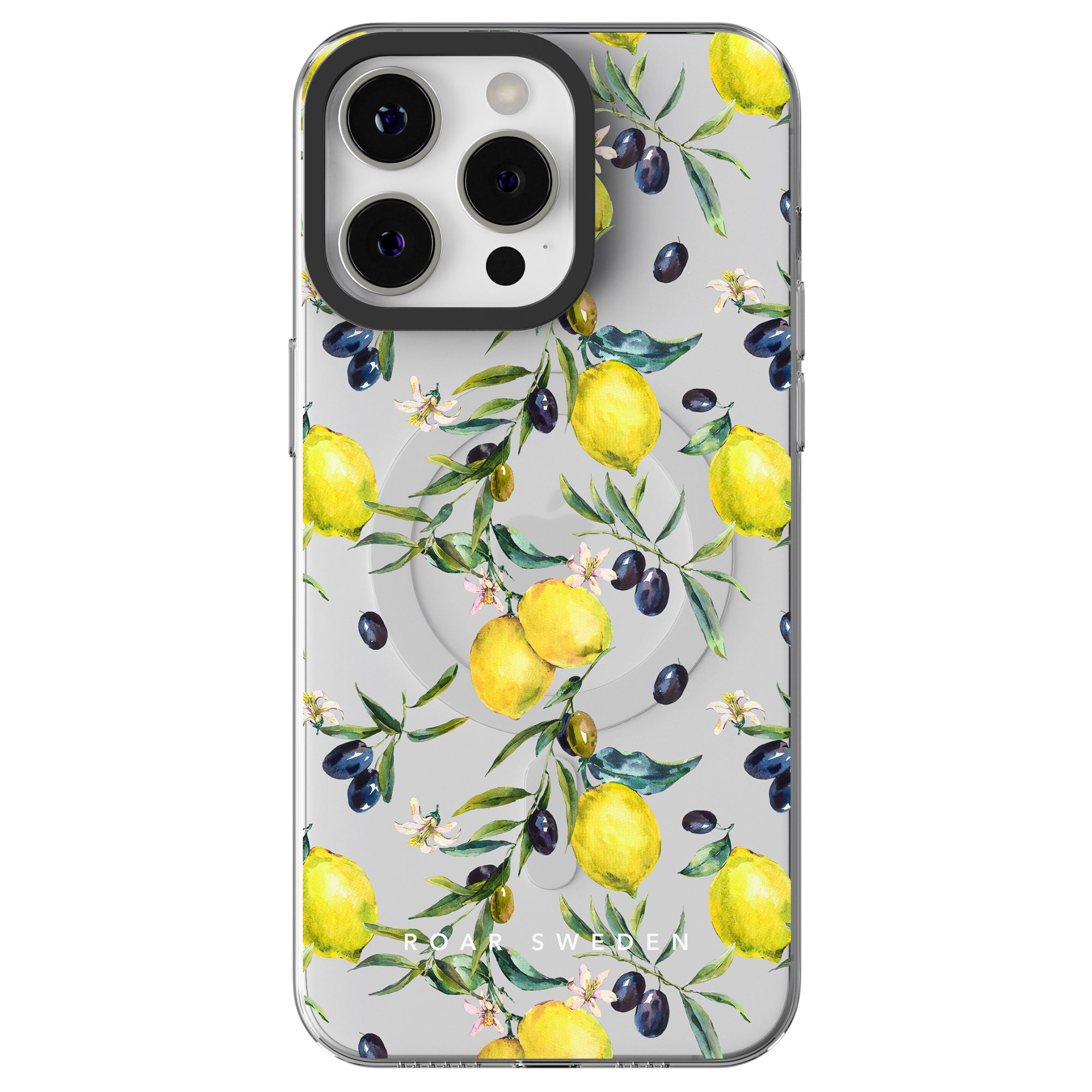 Lemon Garden - MagSafe Case, part of the Lemon Collection, featuring illustrations of lemons, olives, and leaves.