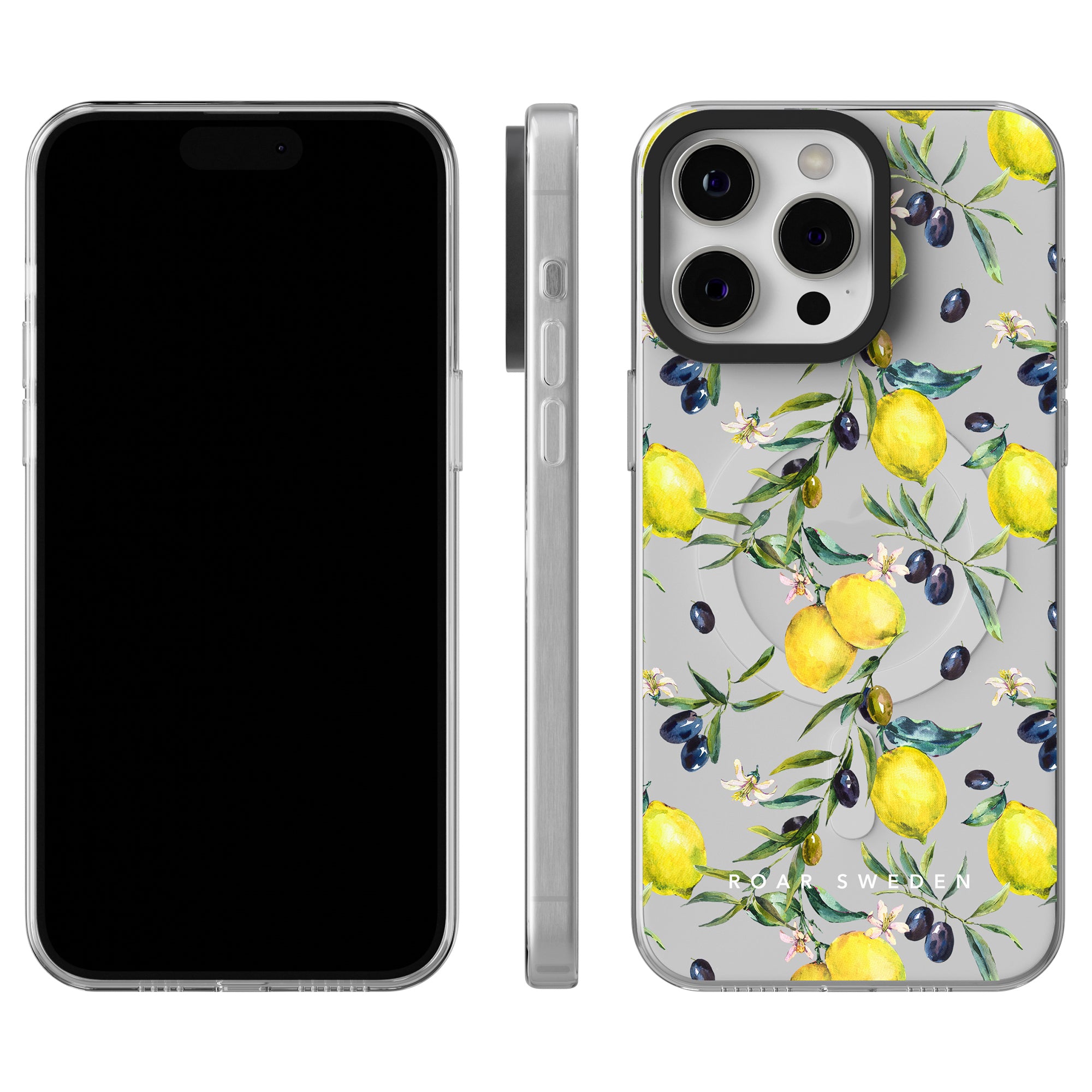A smartphone with a floral and fruit patterned Lemon Garden - MagSafe Case is shown from three angles: front, side, and back. Part of the Lemon Collection, this stylish mobilaccessoar features lemons, olives, and leaves on a gray background.