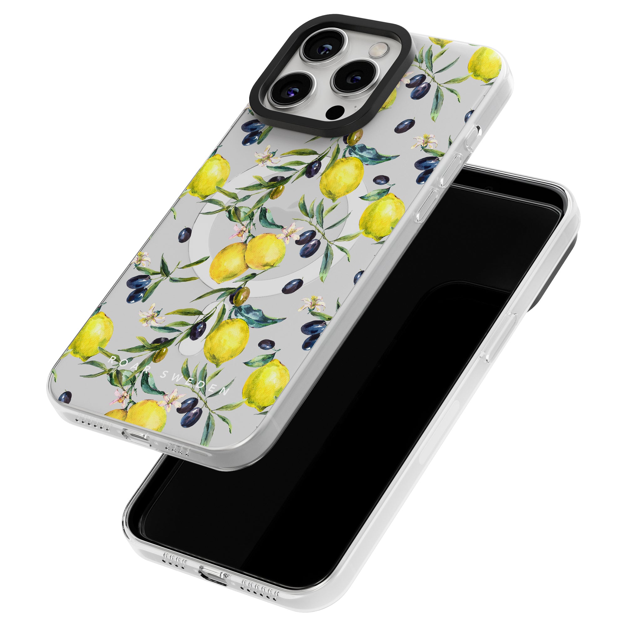 A smartphone with a lemon and olive leaf patterned Lemon Garden - MagSafe Case is shown face down on another case from the Lemon Collection with a similar design. The upper phone has a black screen while the bottom case is empty, showcasing stylish mobilaccessoar options.