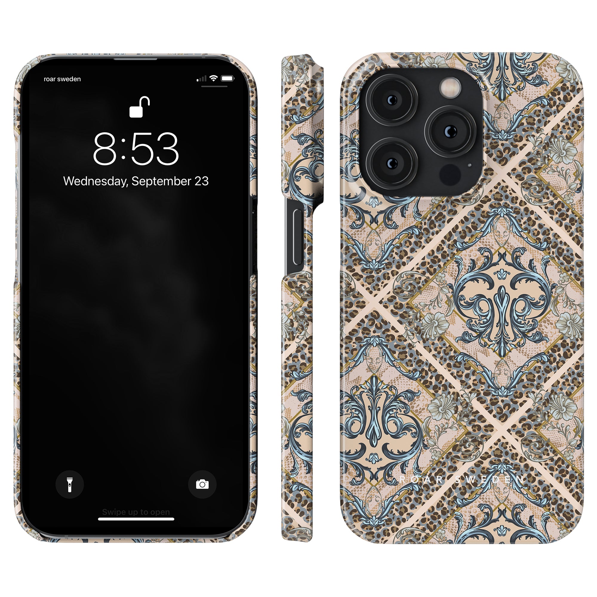 A Leonard slim blue and white paisley pattern case for the iPhone 11.