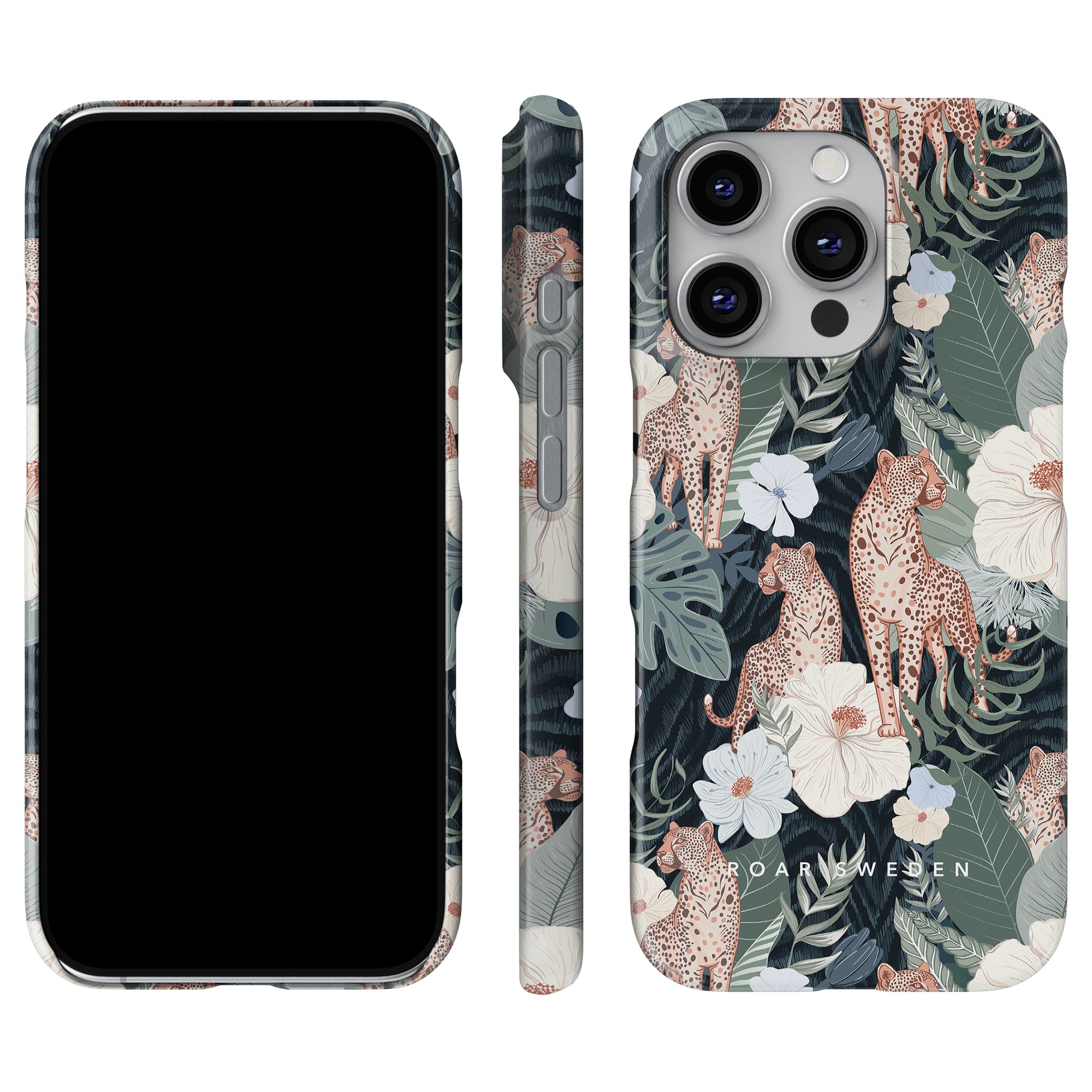 Leopardess - Slim fodral har geparder bland tropiska löv och blommor i ett livligt mönster med djungeltema, som kombinerar snygg design med smartphoneskydd.