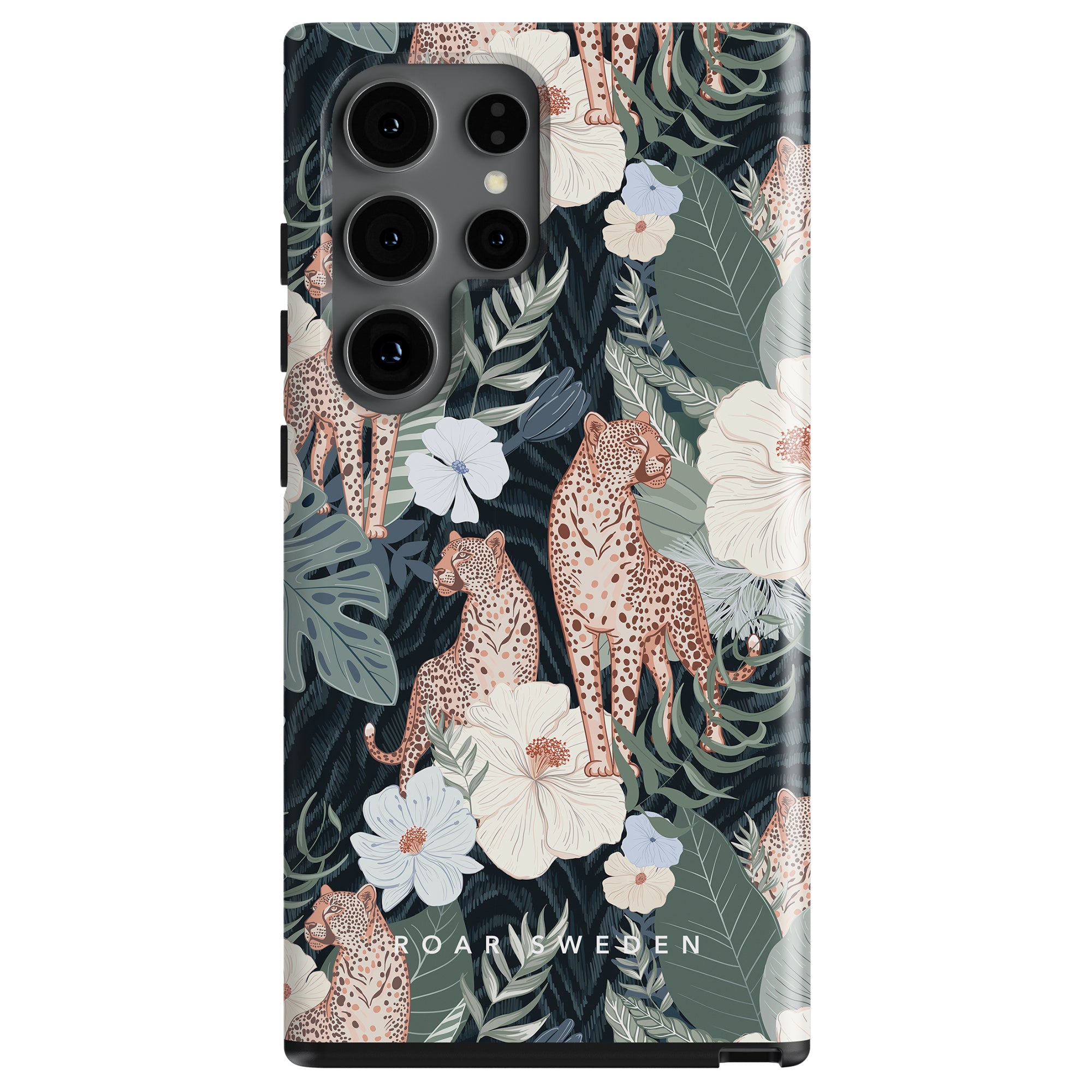 A smartphone with a Leopardess - Tough Case featuring Leopardess and floral print.
