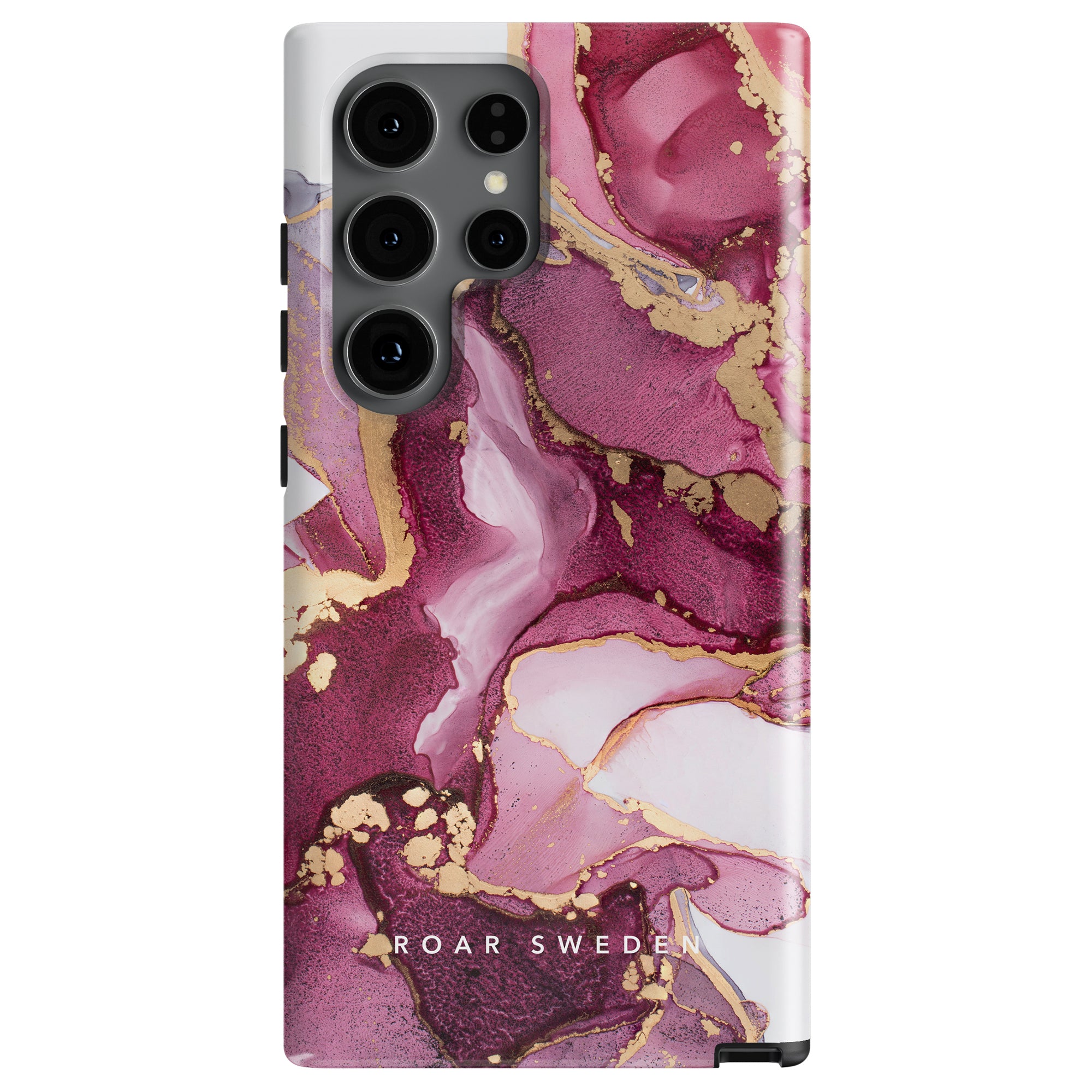 A premium mobilskal featuring a vibrant marbled design in shades of pink, purple, and gold. This Levante - Tough Case is branded with "Roar Sweden" at the bottom.