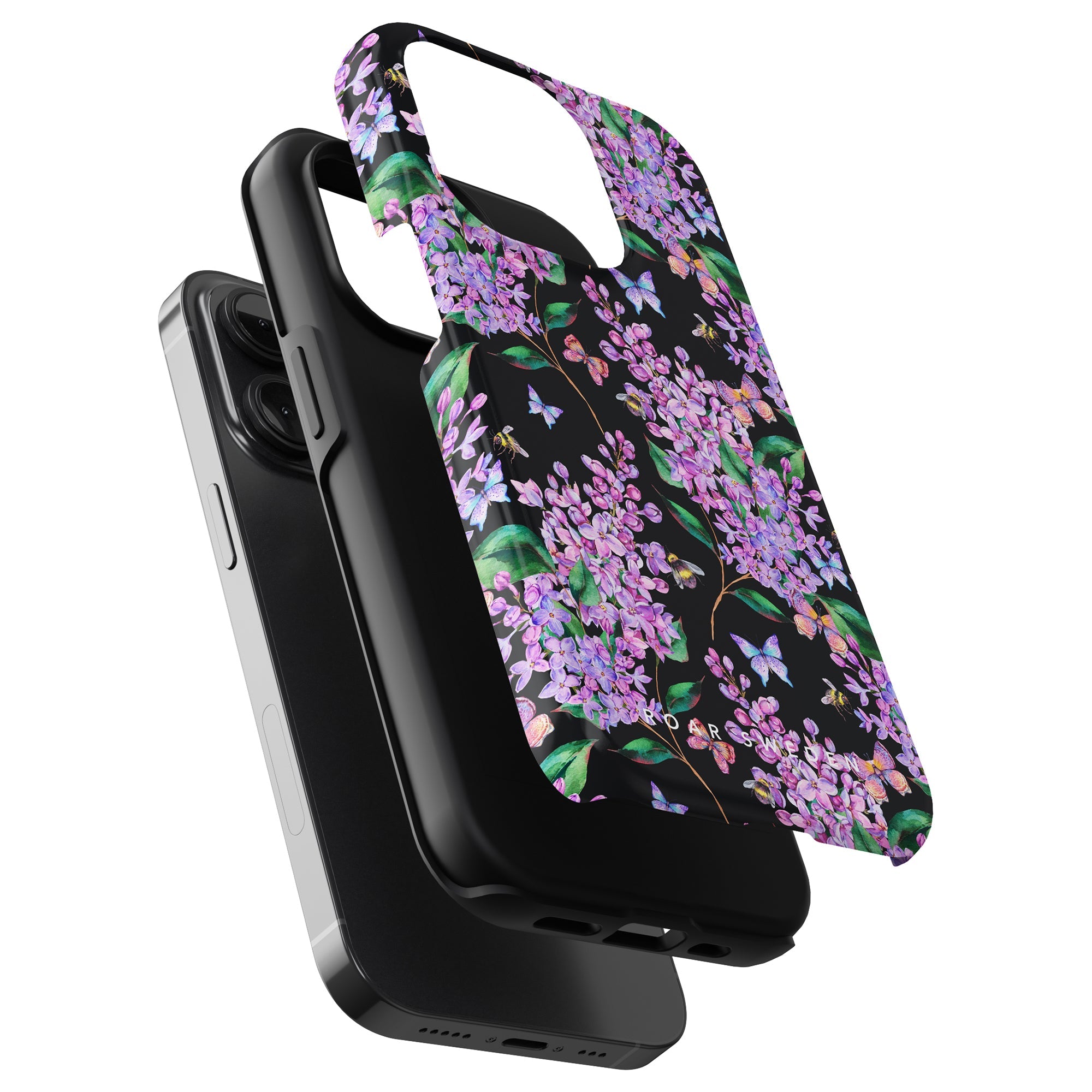 En lila mobilskal prydd med fjärilar, designad speciellt för iPhone 11 Pro.