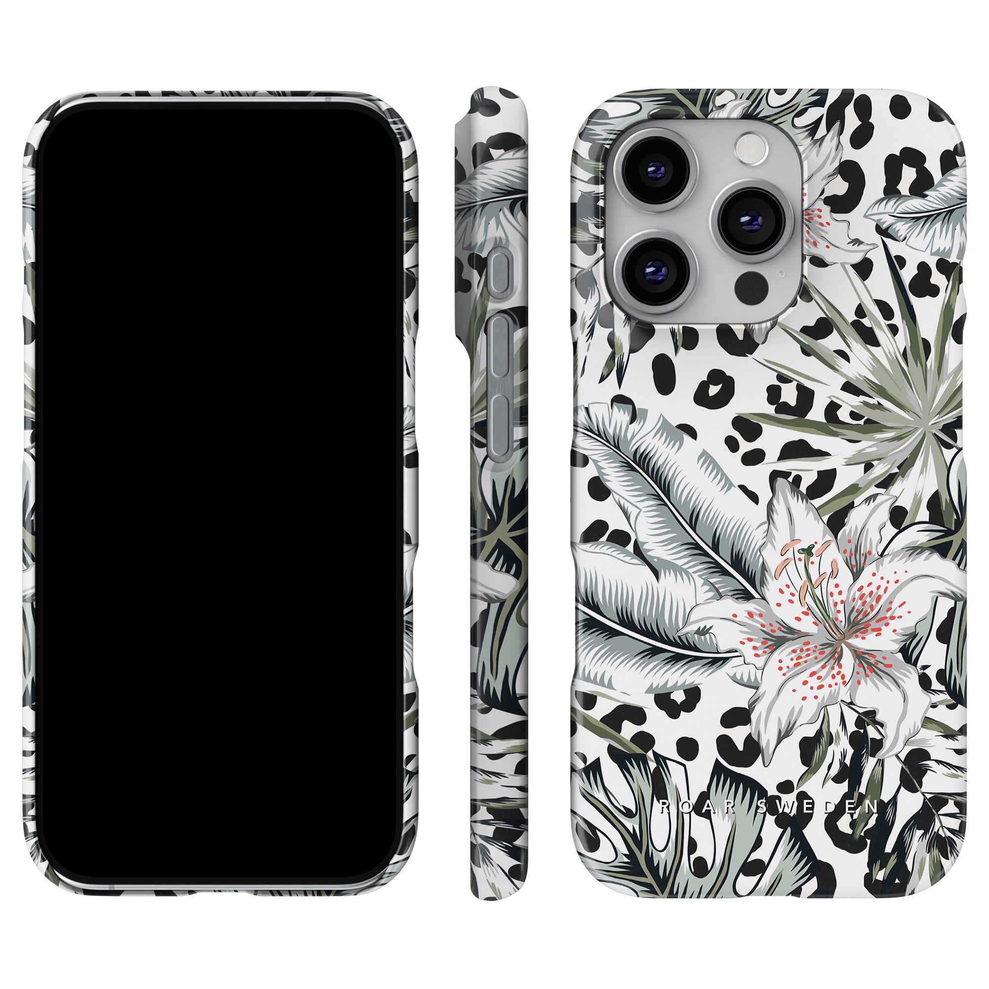 Lily - Slim case featuring a floral pattern with tropical leaves and flowers, complemented by vita liljor. Displayed from the front, back, and side.