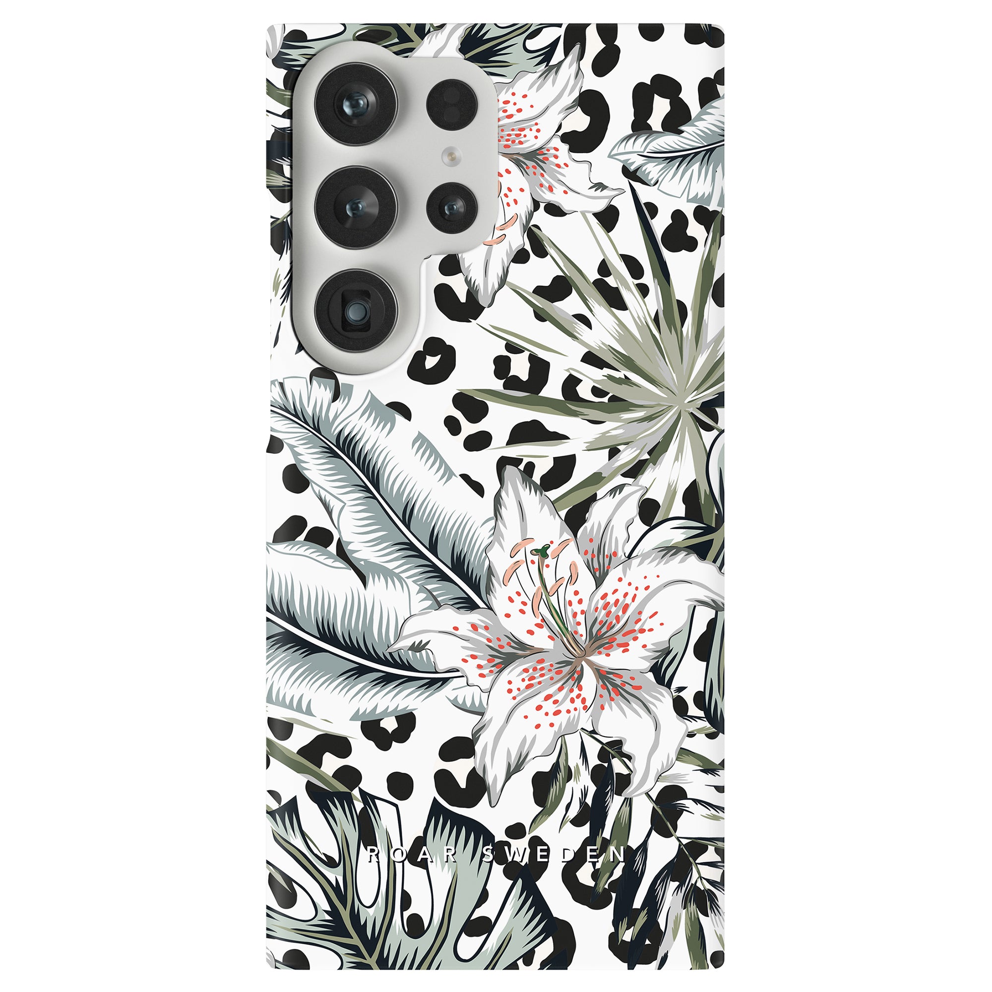 En svartvit mobilskal med leopardtryck och blommor. Namnet på produkten är Lily - Slim case.