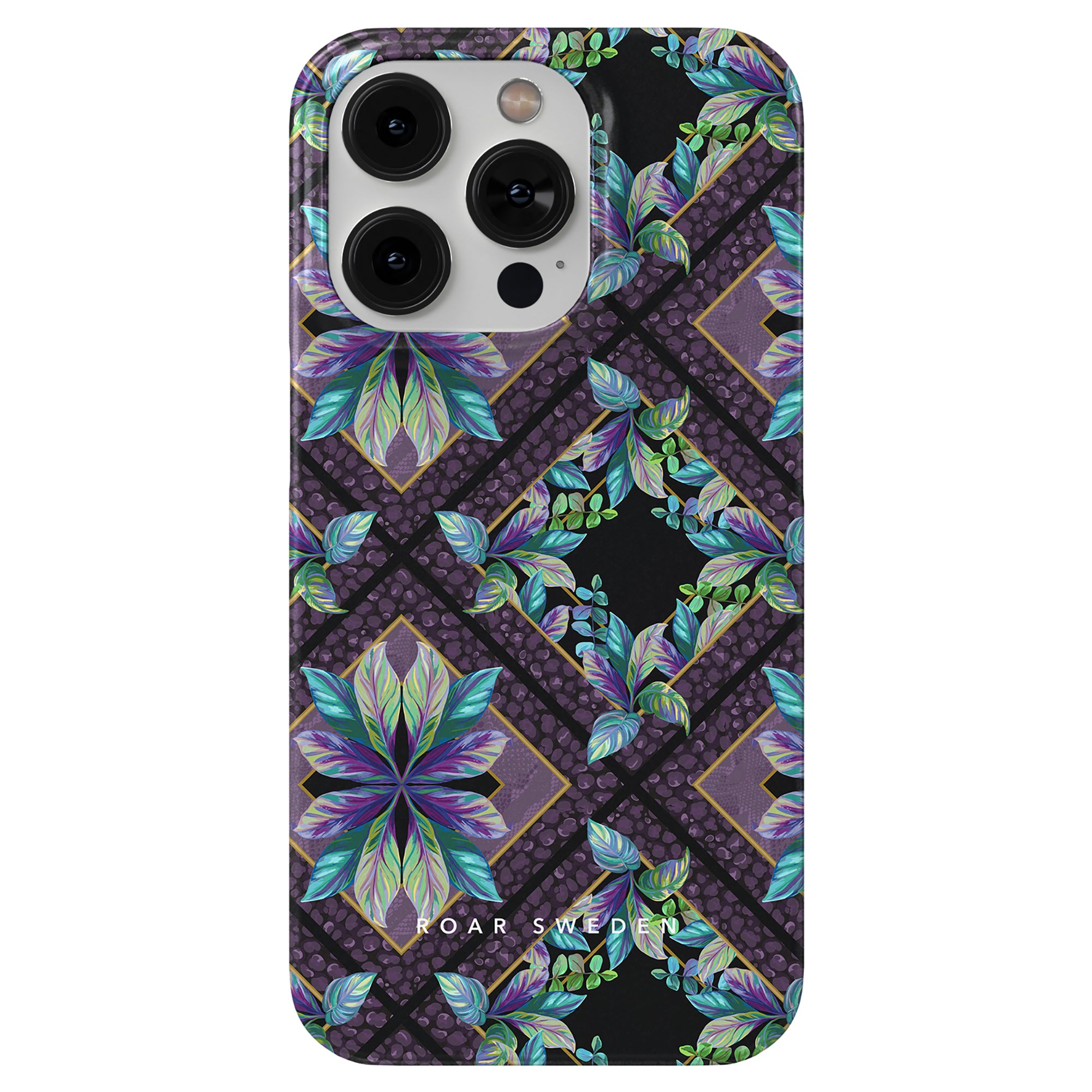 A Lush slim case phone case with a floral pattern in purple and blue.