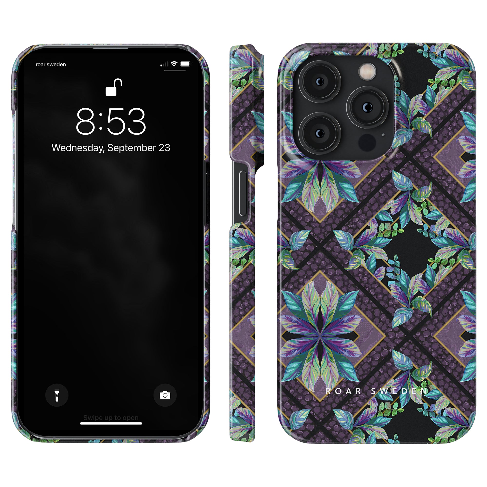 A Lush slim case for iPhone 11 Pro with a purple and blue floral pattern.