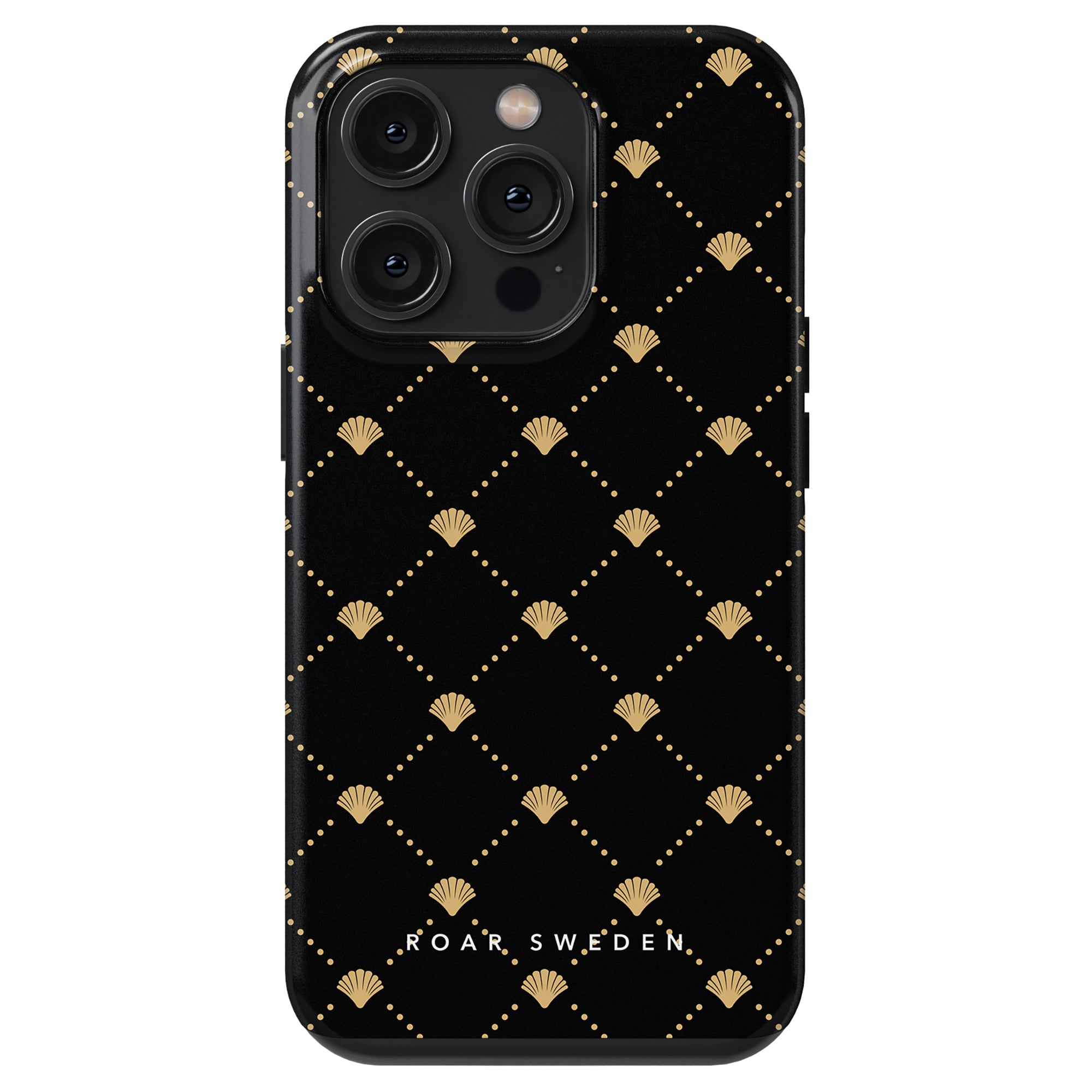 Luxe Shells Black - Tough Case with a gold-patterned design from the Ocean Collection and the text "ROAR SWEDEN" at the bottom.