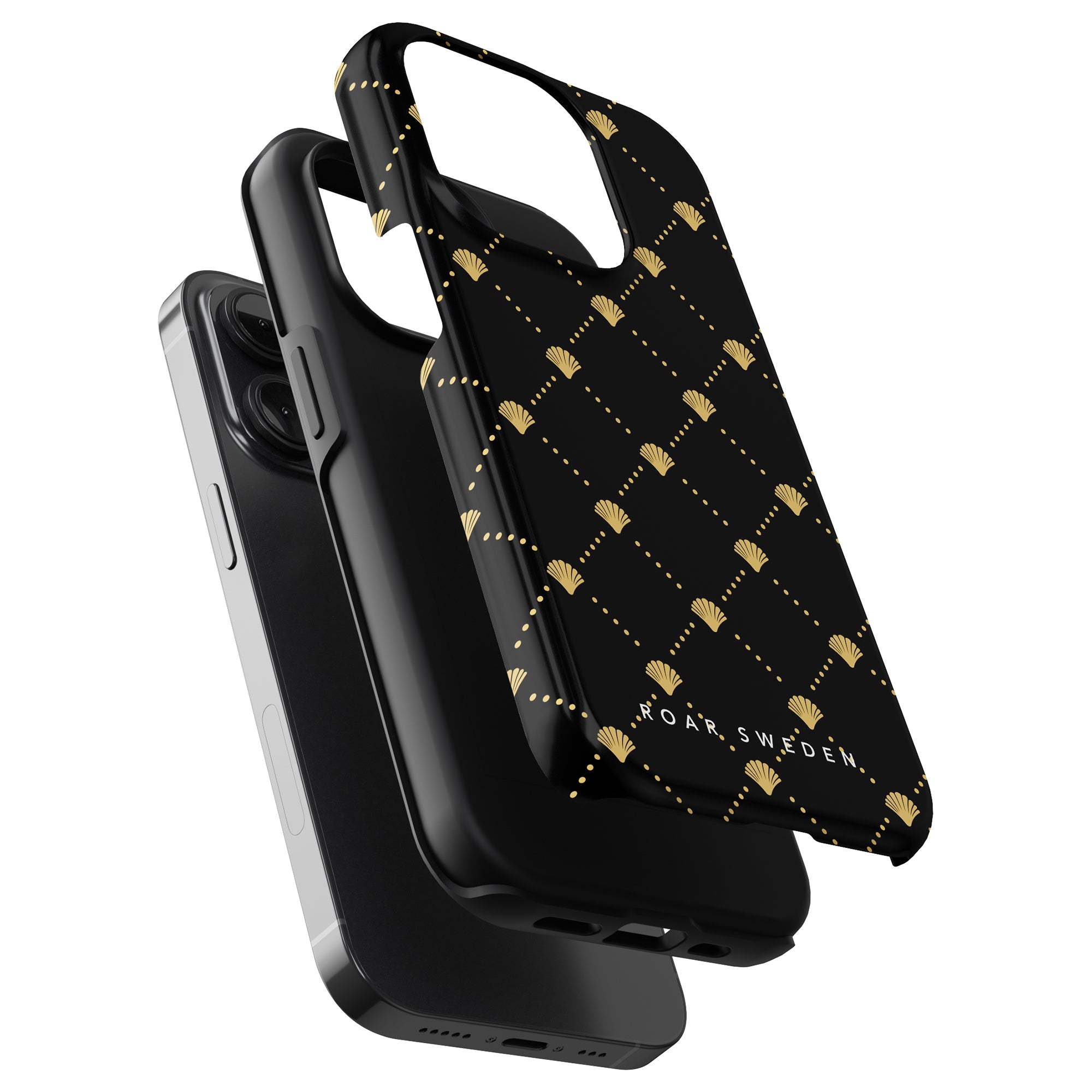 A Luxe Shells Black - Tough Case from the Ocean Collection with "MOAR SWEDEN" text, shown partially covering a black smartphone.