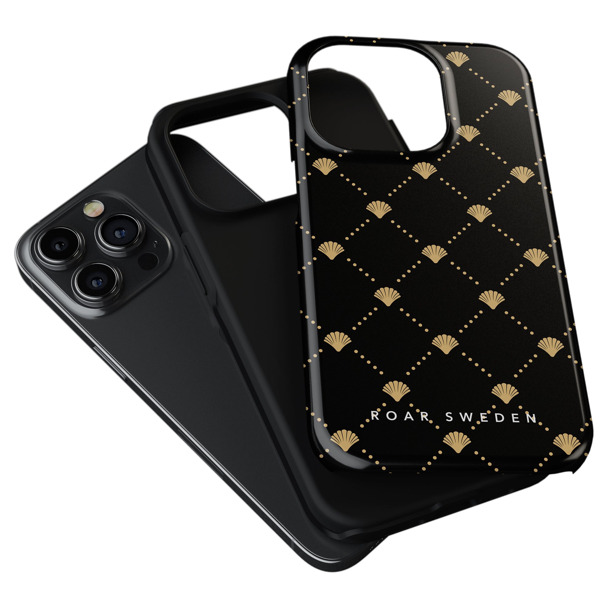 Black iPhone with a detached Luxe Shells Black - Tough Case featuring a black and gold patterned design and the text "ROAR, SWEDEN" from the Ocean Collection.