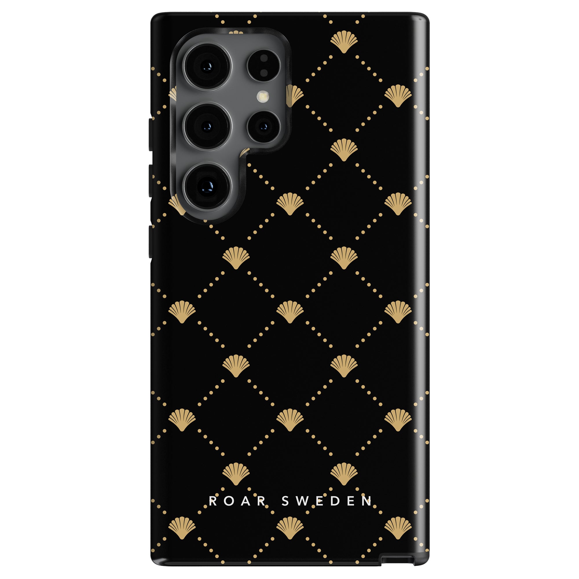 Introducing the Luxe Shells Black - Tough Case, featuring a gold geometric pattern and the text "ROAR SWEDEN" at the bottom. This tough case is part of our exclusive Ocean Collection.