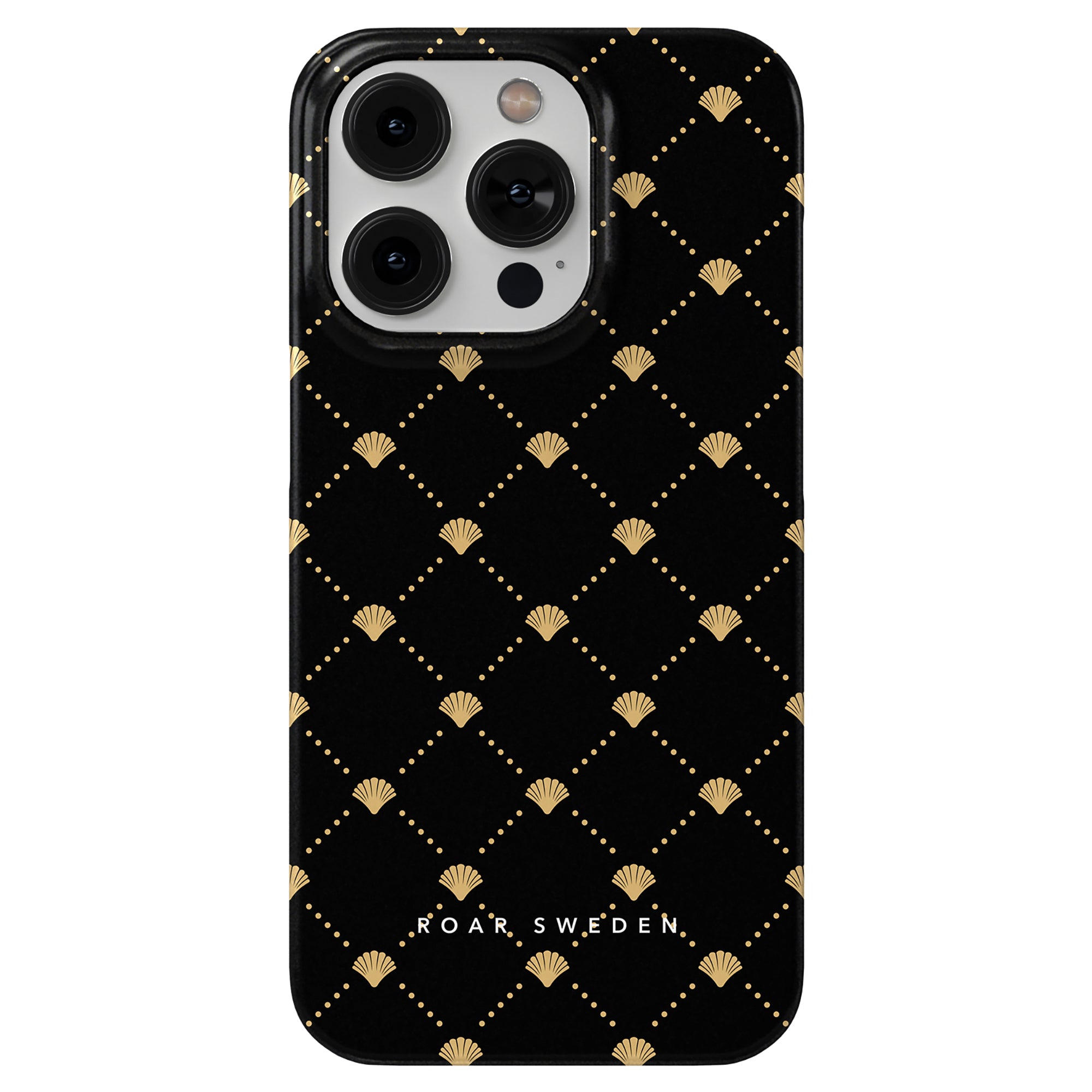 The Luxe Shells Black - Slim case features a gold geometric pattern with "ROAR SWEDEN" at the bottom, blending style and sophistication.