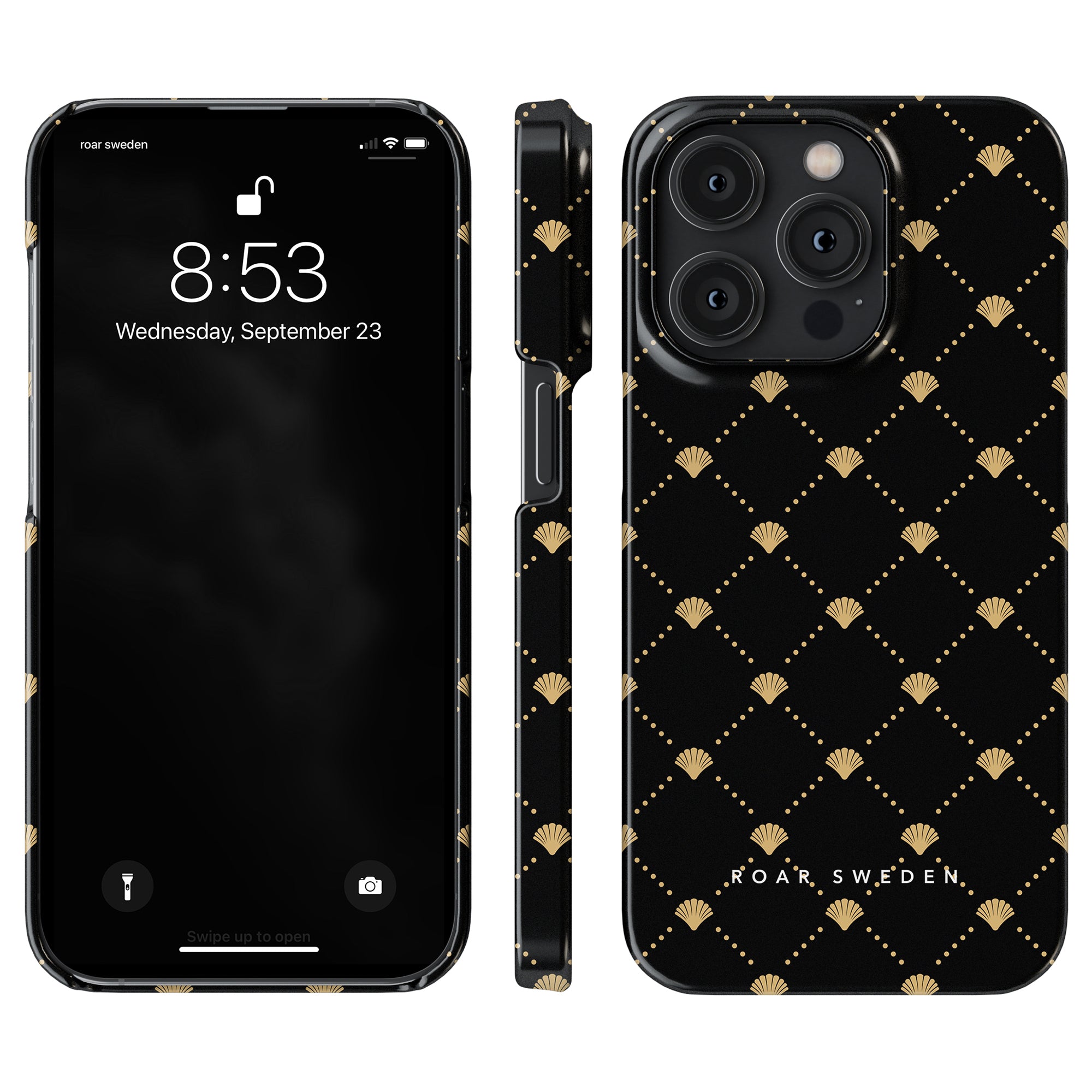 Black iPhone with a lock screen showing the time 8:53 and date Wednesday, September 23. Beside it is a Luxe Shells Black - Slim case from the Ocean Collection, featuring a gold shell pattern and the text "ROAR SWEDEN" at the bottom.