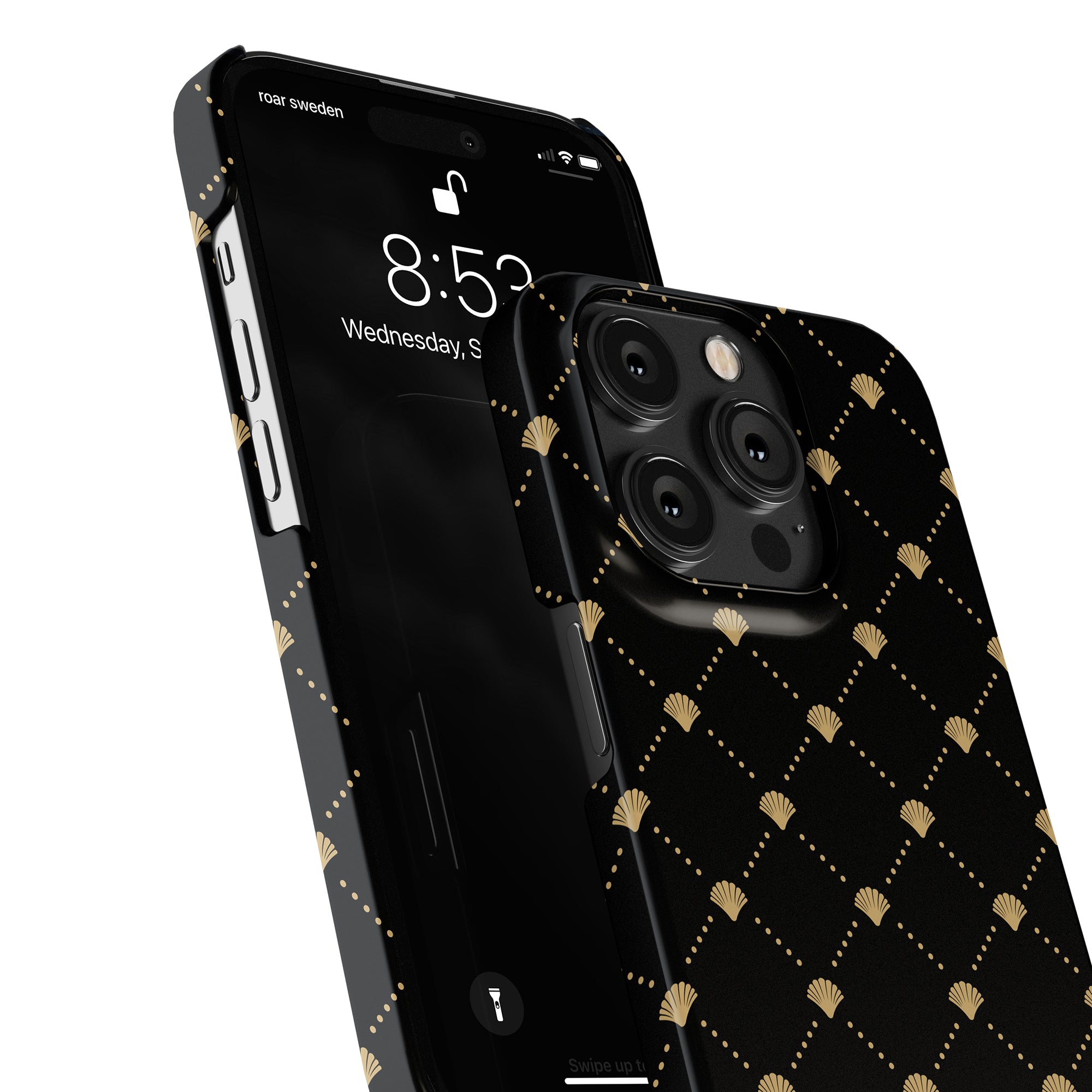 Close-up of a black smartphone with a decorative Luxe Shells Black - Slim case from the Ocean Collection, displaying a locked screen showing the time 8:53 and the date Wednesday, September 5.