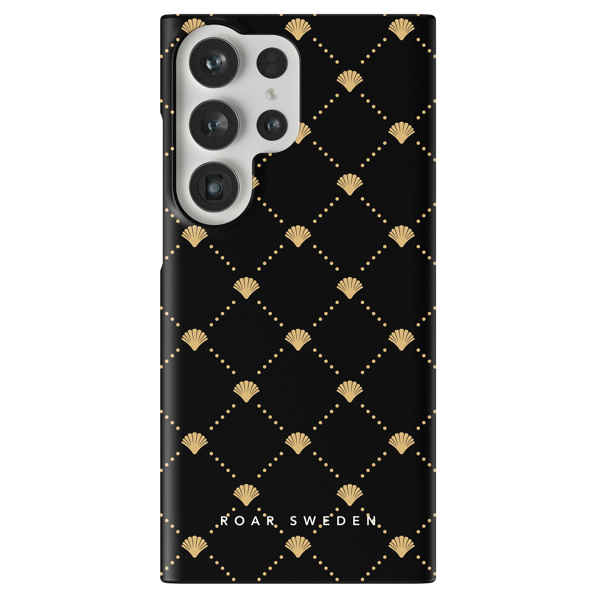 A black phone case from the Ocean Collection, adorned with a diamond pattern featuring small gold accents and the text "ROAR SWEDEN" at the bottom. The Luxe Shells Black - Slim case design adds an extra touch of elegance to your mobilskal.