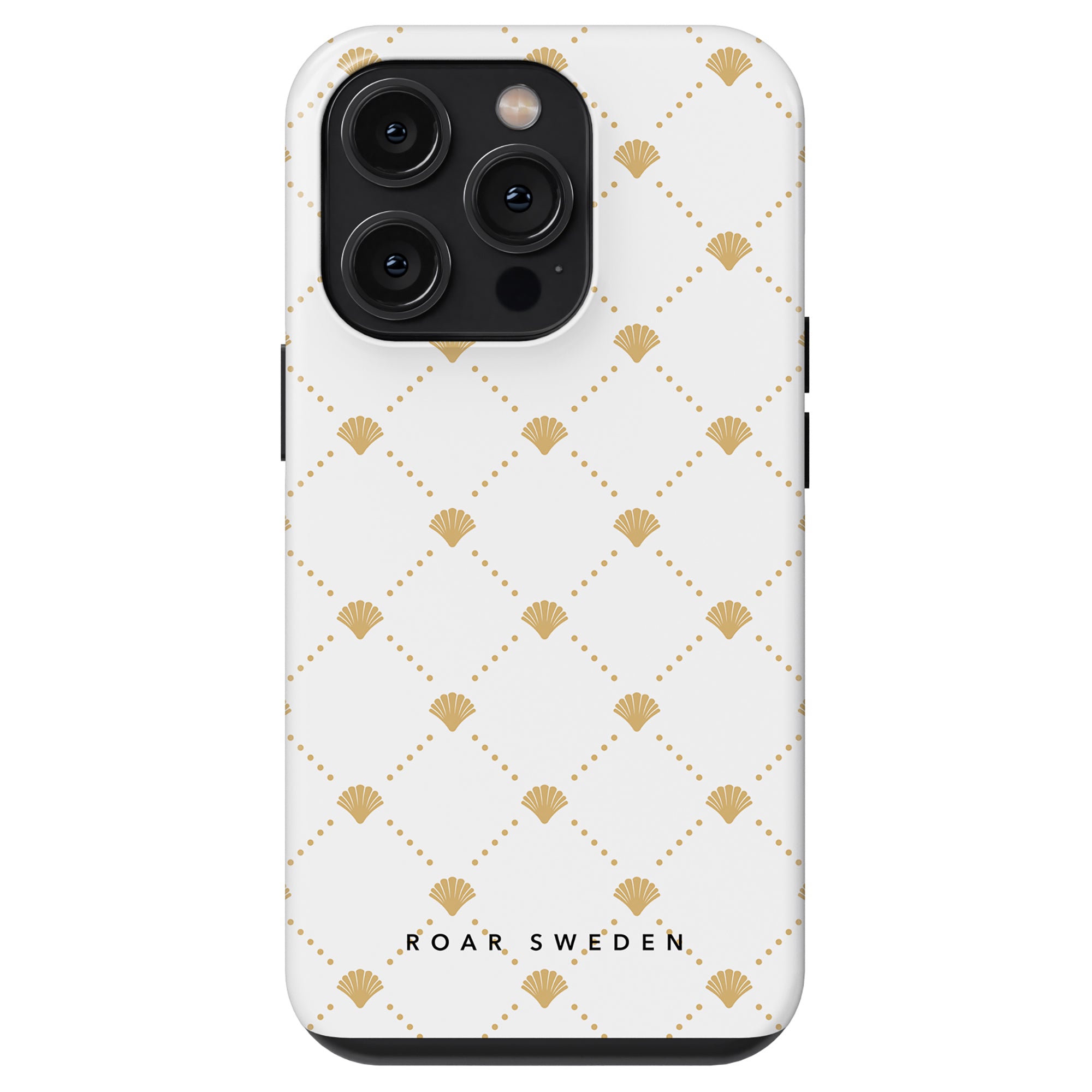 Luxe Shells White - Tough Case with a patterned white and gold design, featuring a diamond and shell motif from the Ocean Collection. The Luxe Shells White - Tough Case is branded "Roar Sweden".