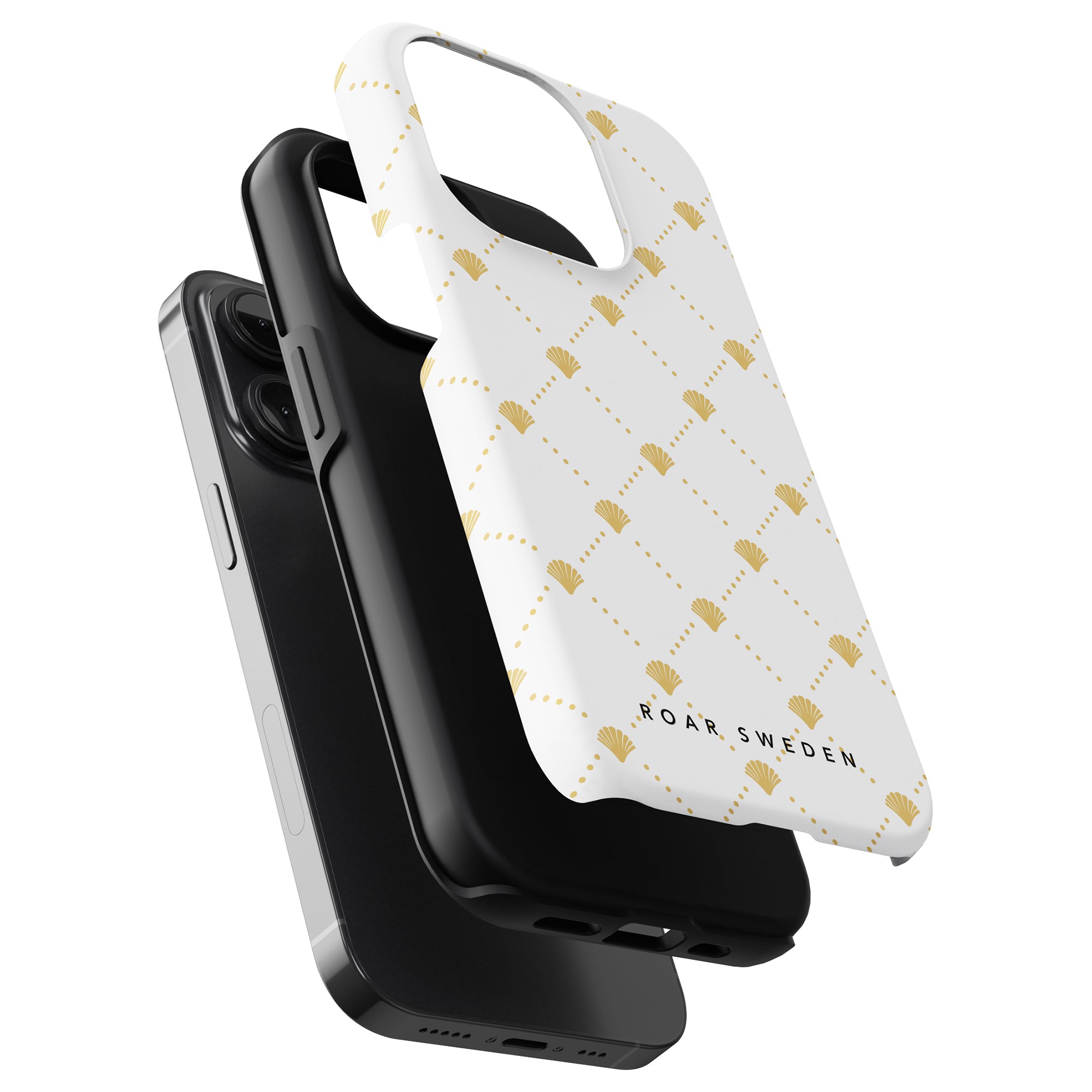 Three smartphone cases are displayed: one Luxe Shells White - Tough Case with a gold pattern and "ROAR SWEDEN" printed at the bottom, one black, and one matte black.